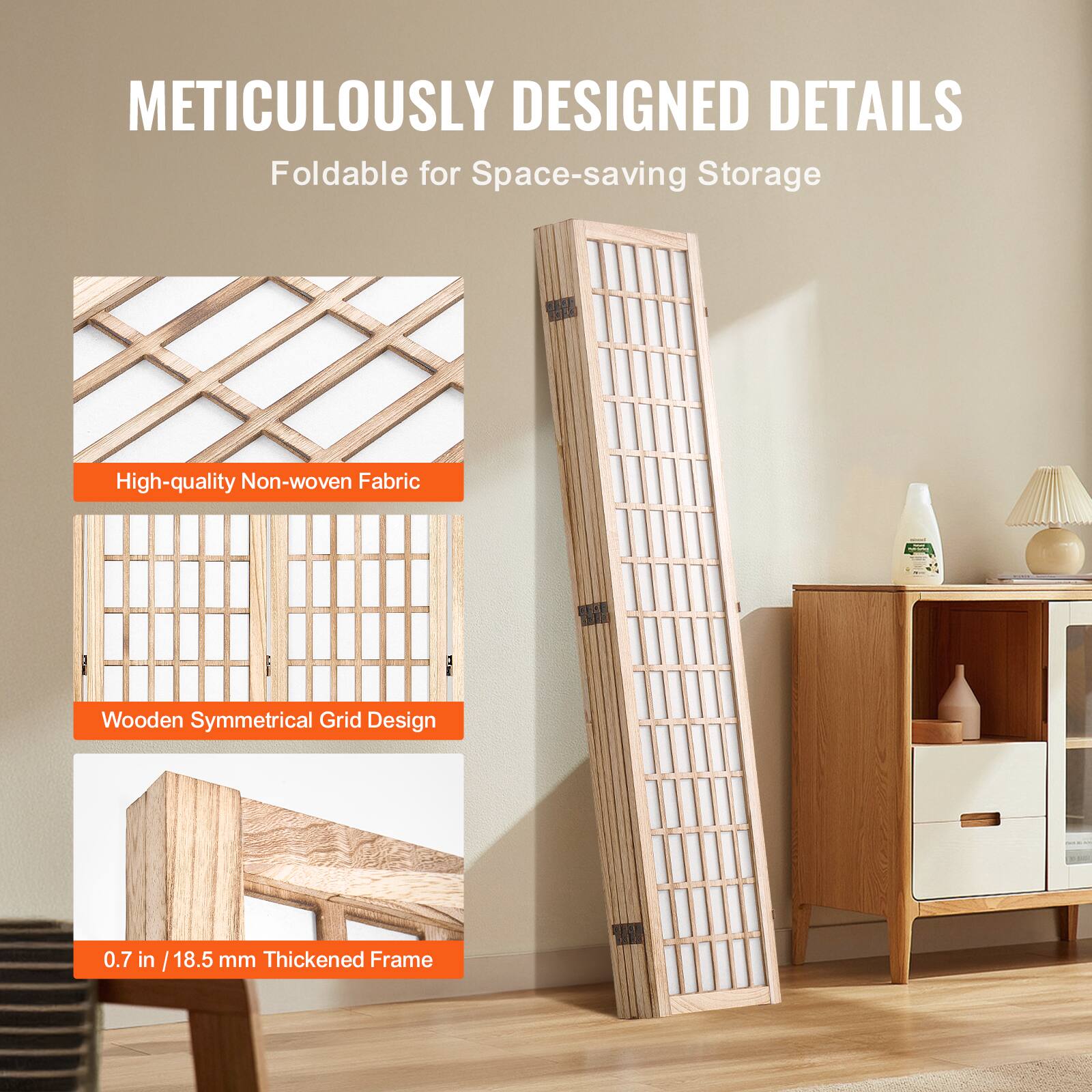METICULOUSLY DESIGNED DETAILS  
Foldable for Space-saving Storage  

- High-quality Non-woven Fabric  
- Wooden Symmetrical Grid Design  
- 0.7 in / 18.5 mm Thickened Frame