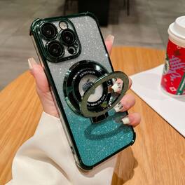 Dteck - Magnetic Clear Back Case with Ring Kickstand Removable Gradient Glitter for iPhone 16 Pro Max - Darkgreen