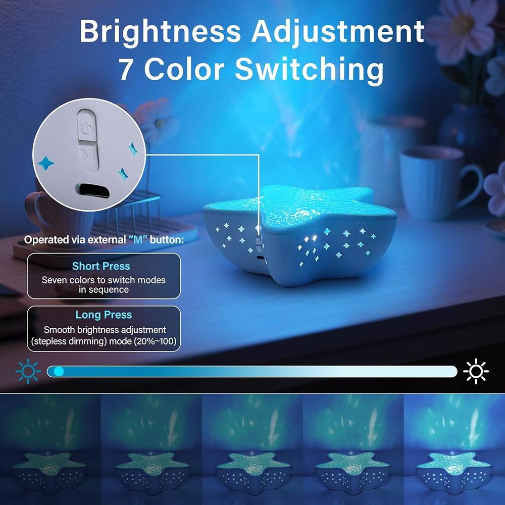 Brightness Adjustment  
7 Color Switching  

Operated via external "M" button:  

- Short Press  
  Seven colors to switch modes in sequence  

- Long Press  
  Smooth brightness adjustment (stepless dimming) mode (20%~100)