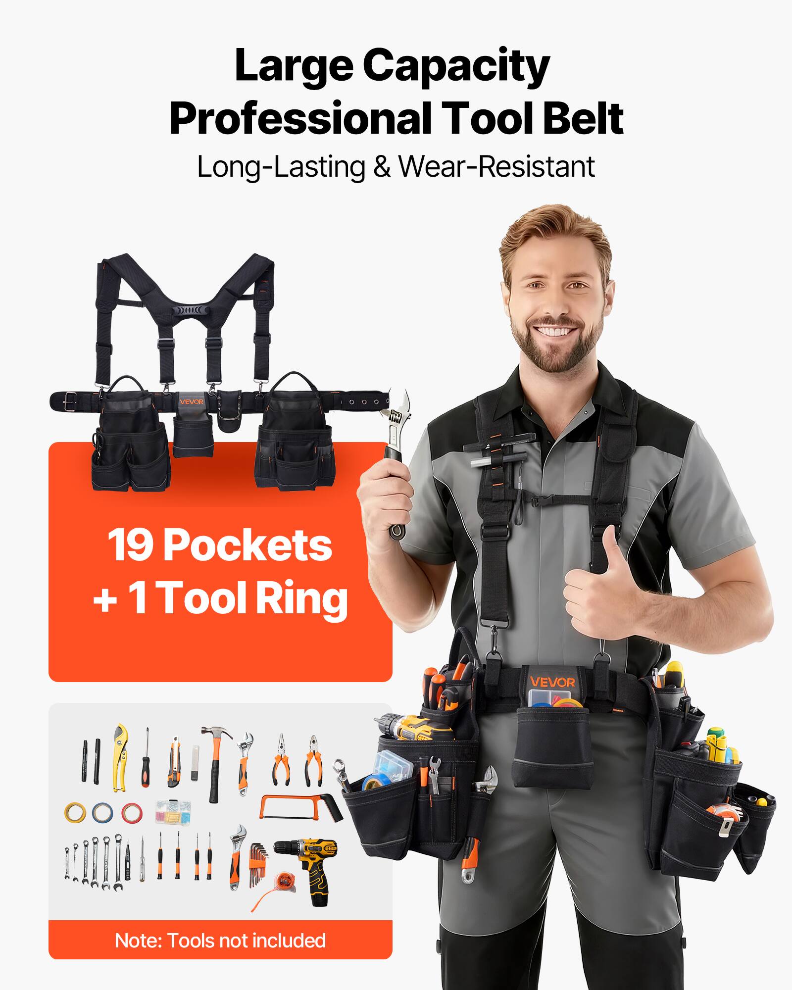 Large Capacity Professional Tool Belt  
Long-Lasting & Wear-Resistant  

19 Pockets + 1 Tool Ring  

Note: Tools not included