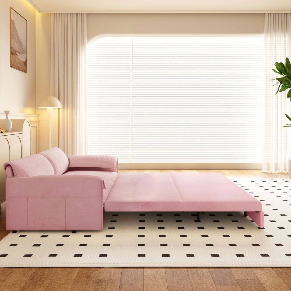Left. Kadyn - 66" Queen Pull Out Sofa Bed, 3-in-1 Convertible Sleeper with Side Storage, Velvet Loveseat - Pink.