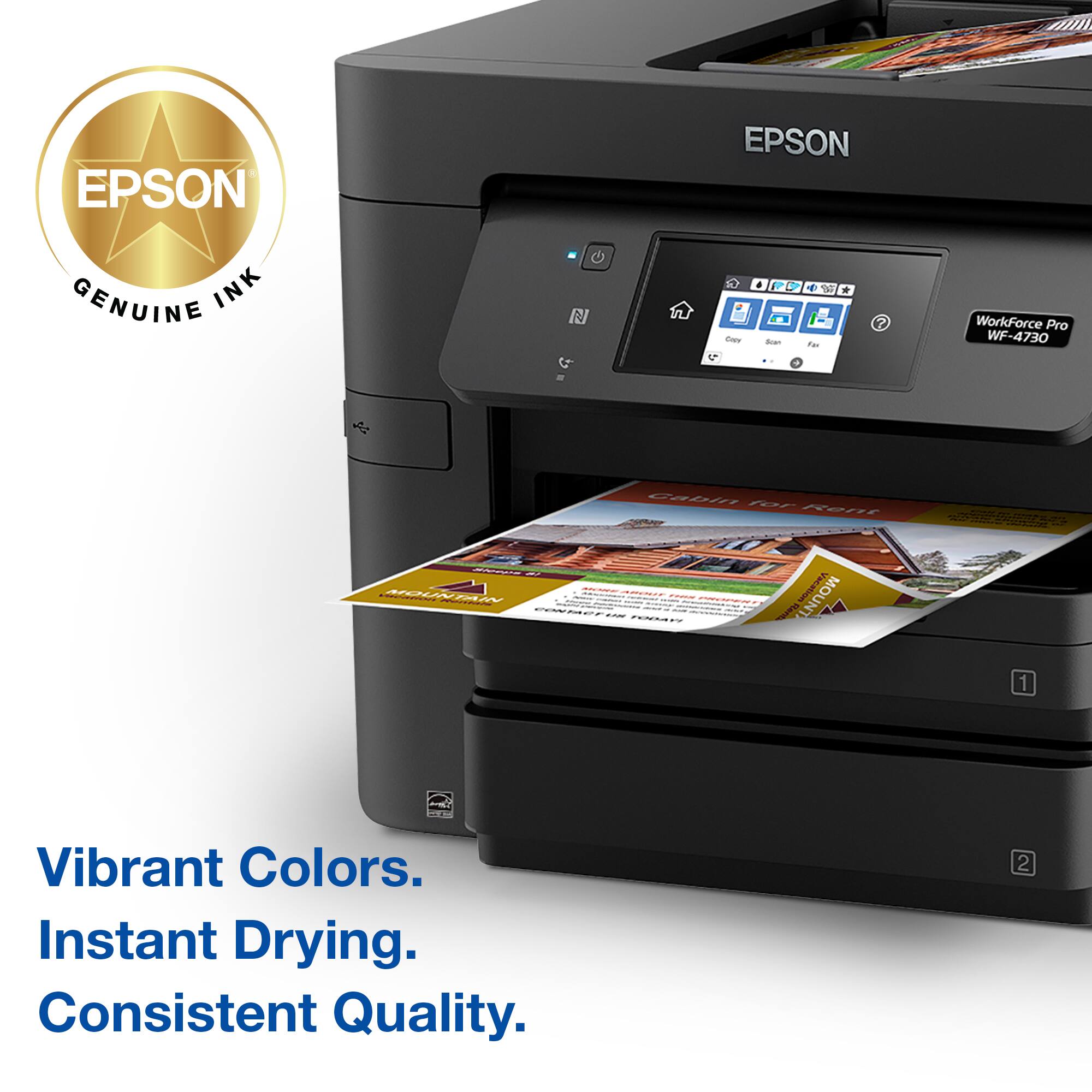 EPSON GENUINE INK WorkForce Pro WF-4730 Printer with Vibrant Colors, Instant Drying, and Consistent Quality.