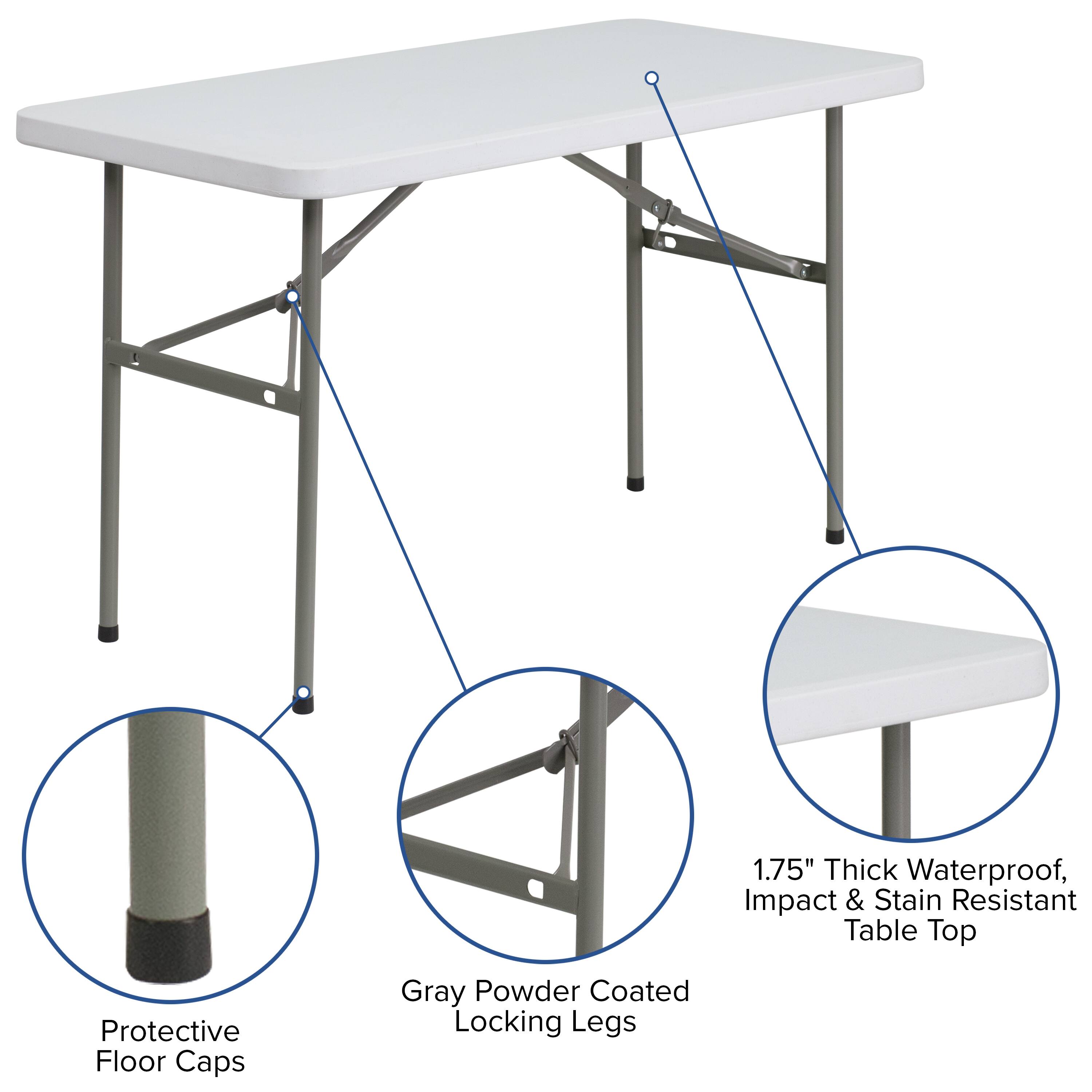 1.75" Thick Waterproof, Impact & Stain Resistant Table Top  
Protective Floor Caps  
Gray Powder Coated Locking Legs