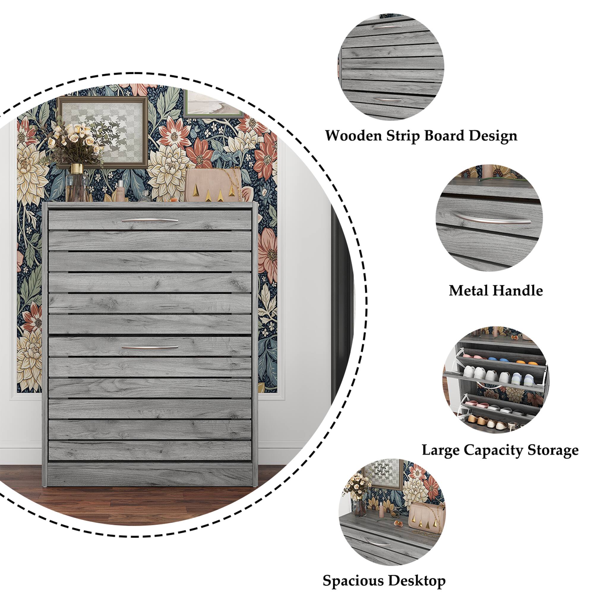 Wooden Strip Board Design, Metal Handle, Large Capacity Storage, Spacious Desktop
