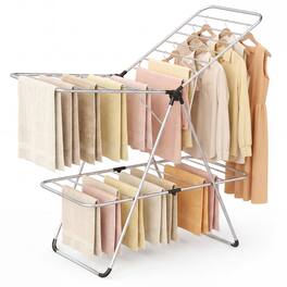 Costway - Clothes Drying Rack Foldable 2-Level Laundry Airer with Adjustable Wings - Silver