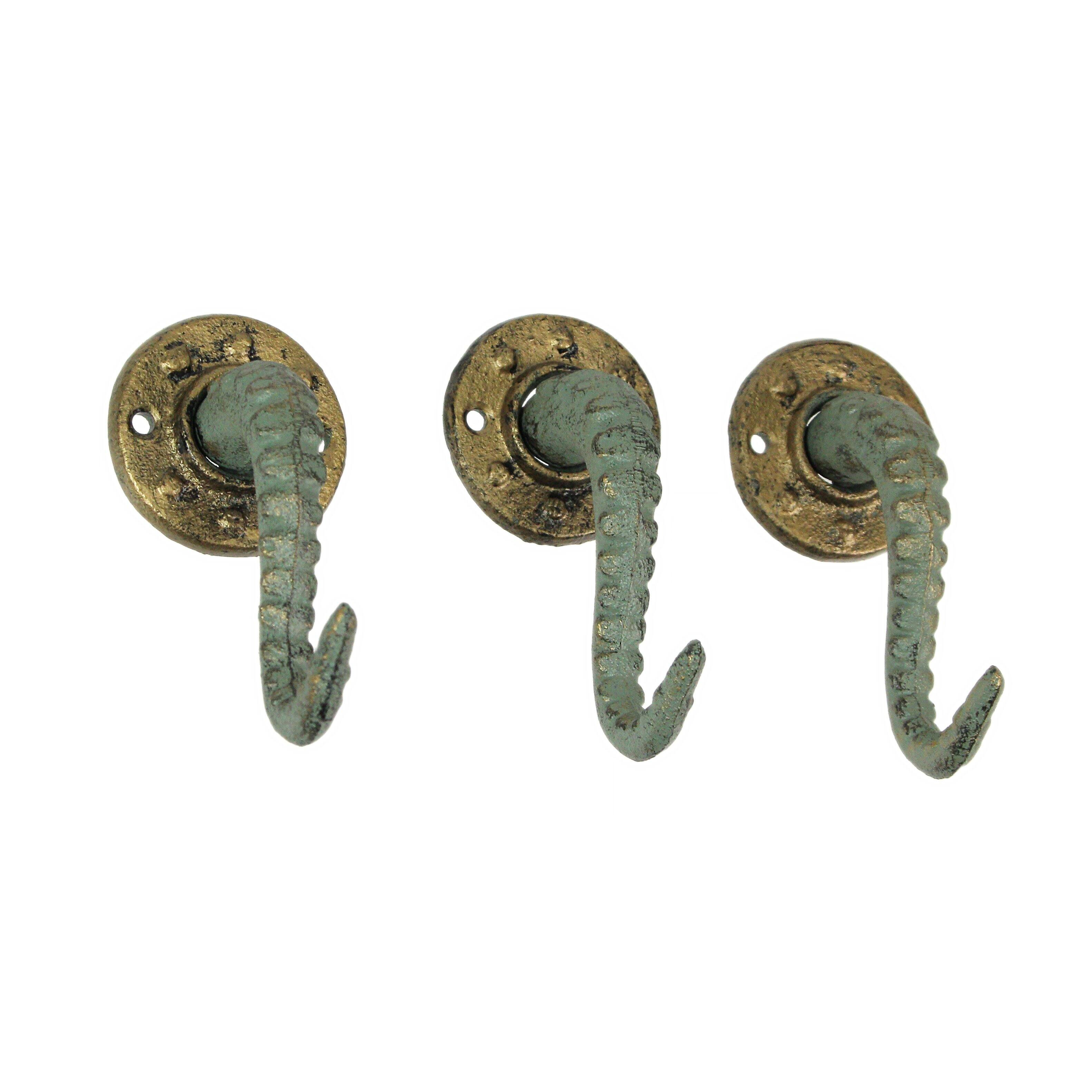 Front. Zeckos - Verdigris Bronze Cast Iron Octopus Tentacle Wall Hook Nautical Set of 3 - Green.