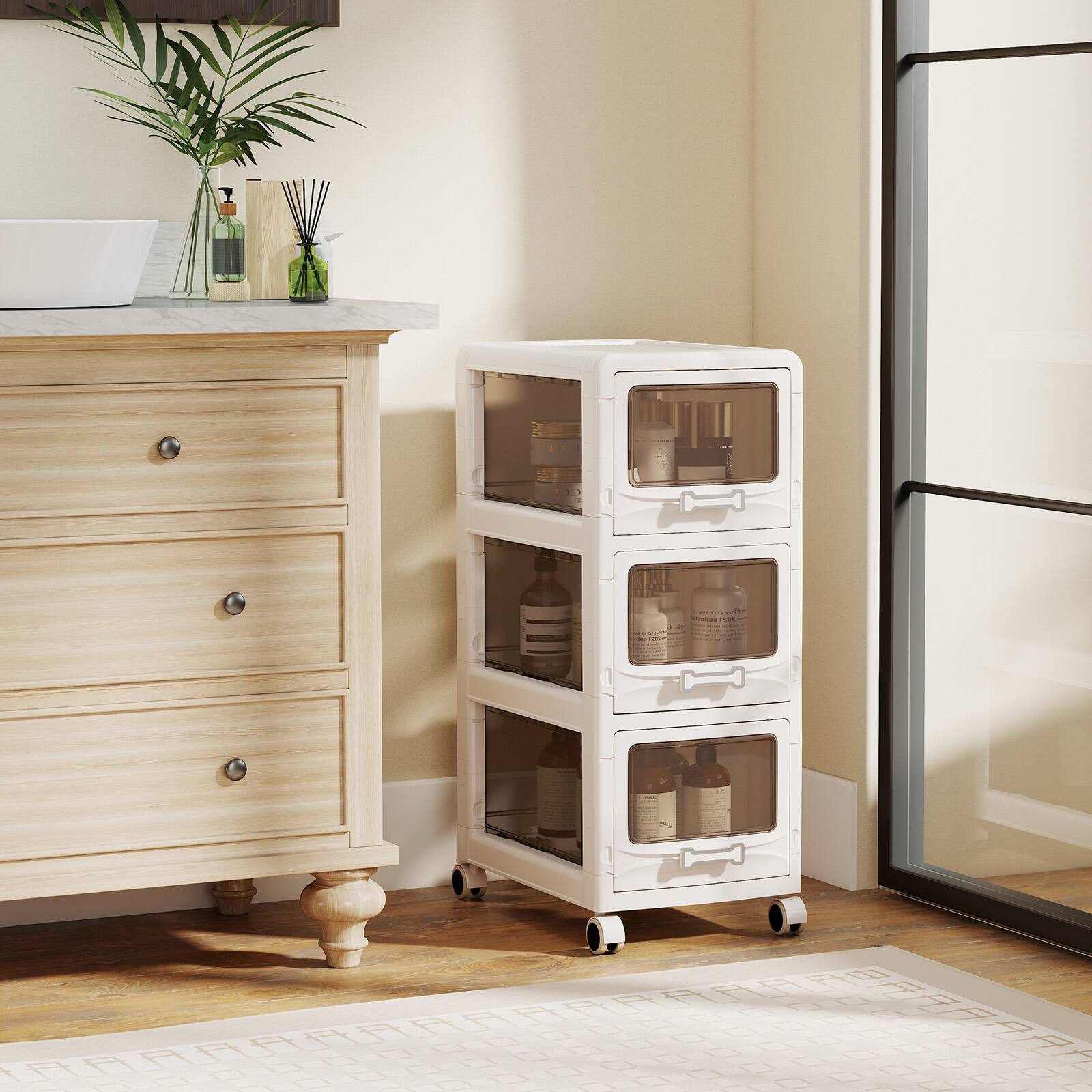 Alt View 1. Gymax - Gymax 3-Tier Plastic Drawer Storage Organizer w/3 Drawers & Lockable Wheels for Home - White.