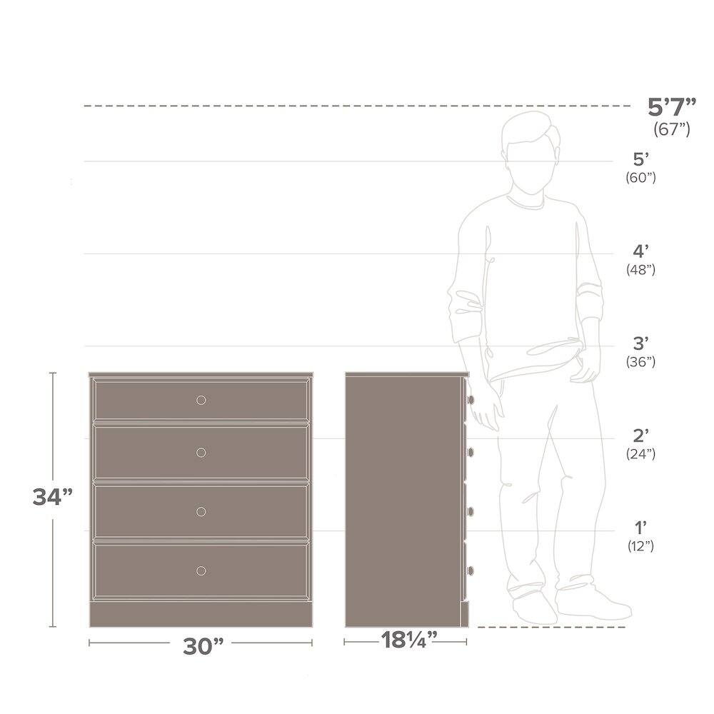 5'7" (67")  
5' (60")  
4' (48")  
3' (36")  
2' (24")  
34"  
1' (12")  
30"  
181/4"