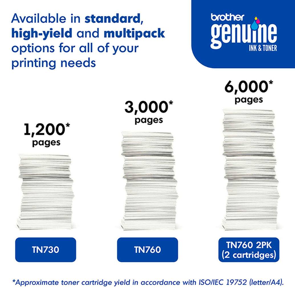 Available in standard, high-yield, and multipack options for all of your printing needs:

1. 3,000 pages with Brother Genuine INK & TONER
2. 1,200 pages with Brother Genuine INK & TONER
3. 6,000 pages with TN730 TN760 TN760 2PK (2 cartridges)

Please note that the toner cartridge yield is approximate and in accordance with ISO/IEC 19752 (letter/A4).