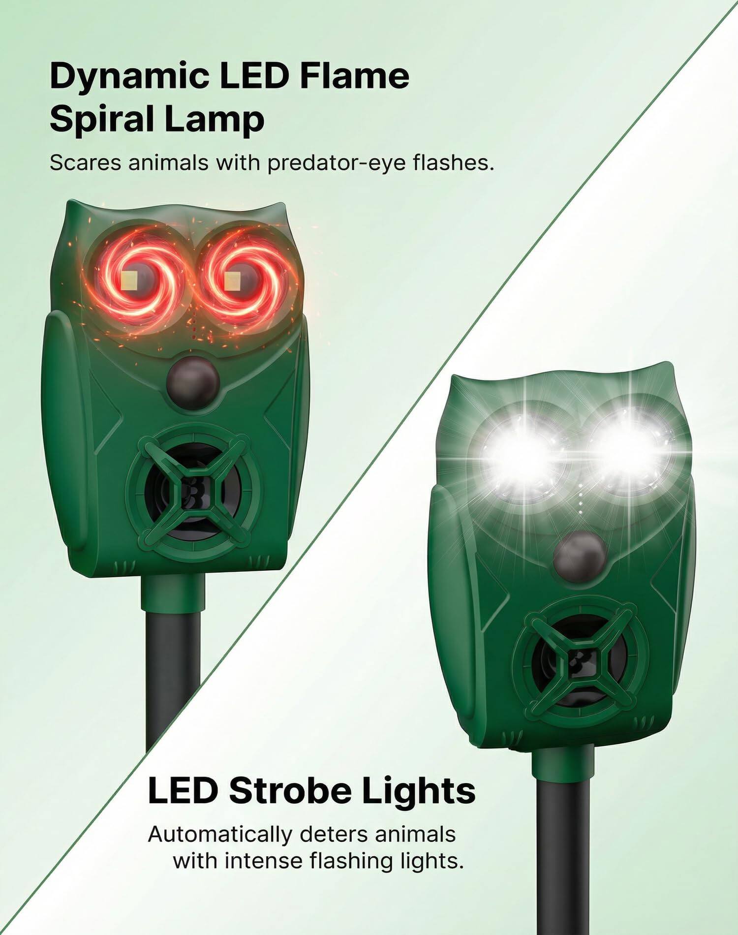 Dynamic LED Flame Spiral Lamp  
Scares animals with predator-eye flashes.  

LED Strobe Lights  
Automatically deters animals with intense flashing lights.