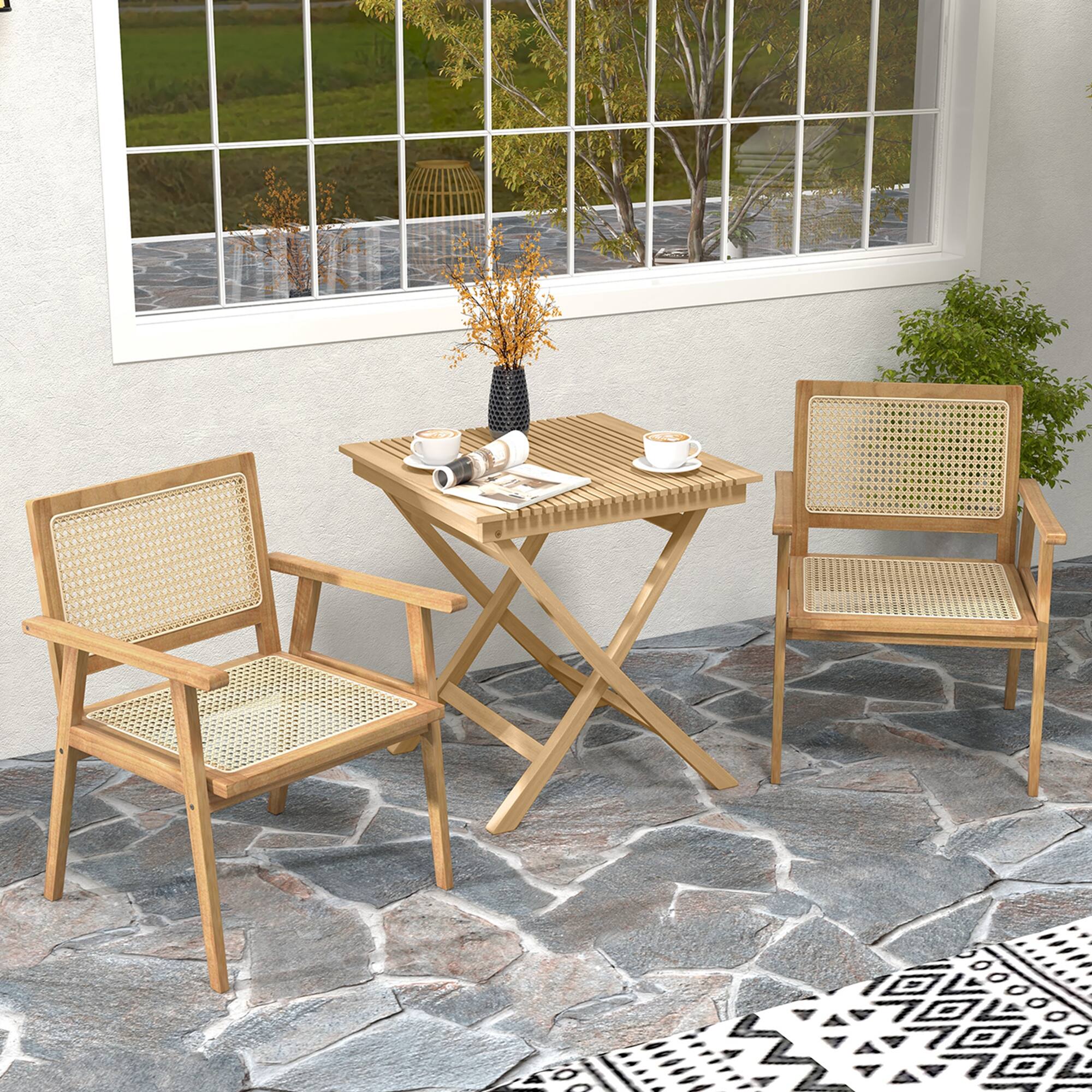 Angle. Costway - 2 PCS Wood Chair Indonesia Teak Wood Armchair with Natural Rattan Seat & Back Patio Chair for Porch - Natural.