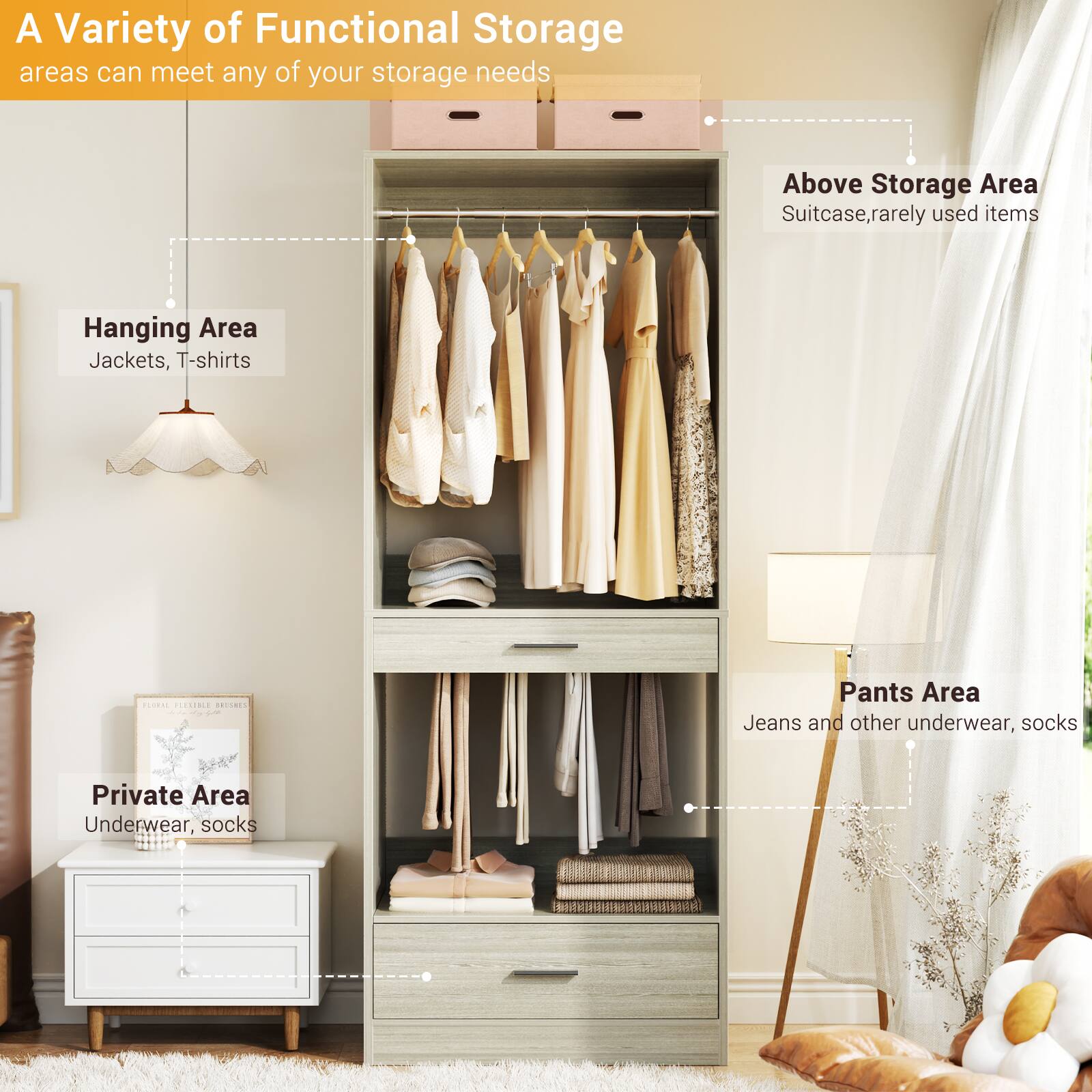 A Variety of Functional Storage areas can meet any of your storage needs

- Above Storage Area
  - Suitcase, rarely used items

- Hanging Area
  - Jackets, T-shirts

- Pants Area
  - Jeans and other underwear, socks

- Private Area
  - Underwear, socks