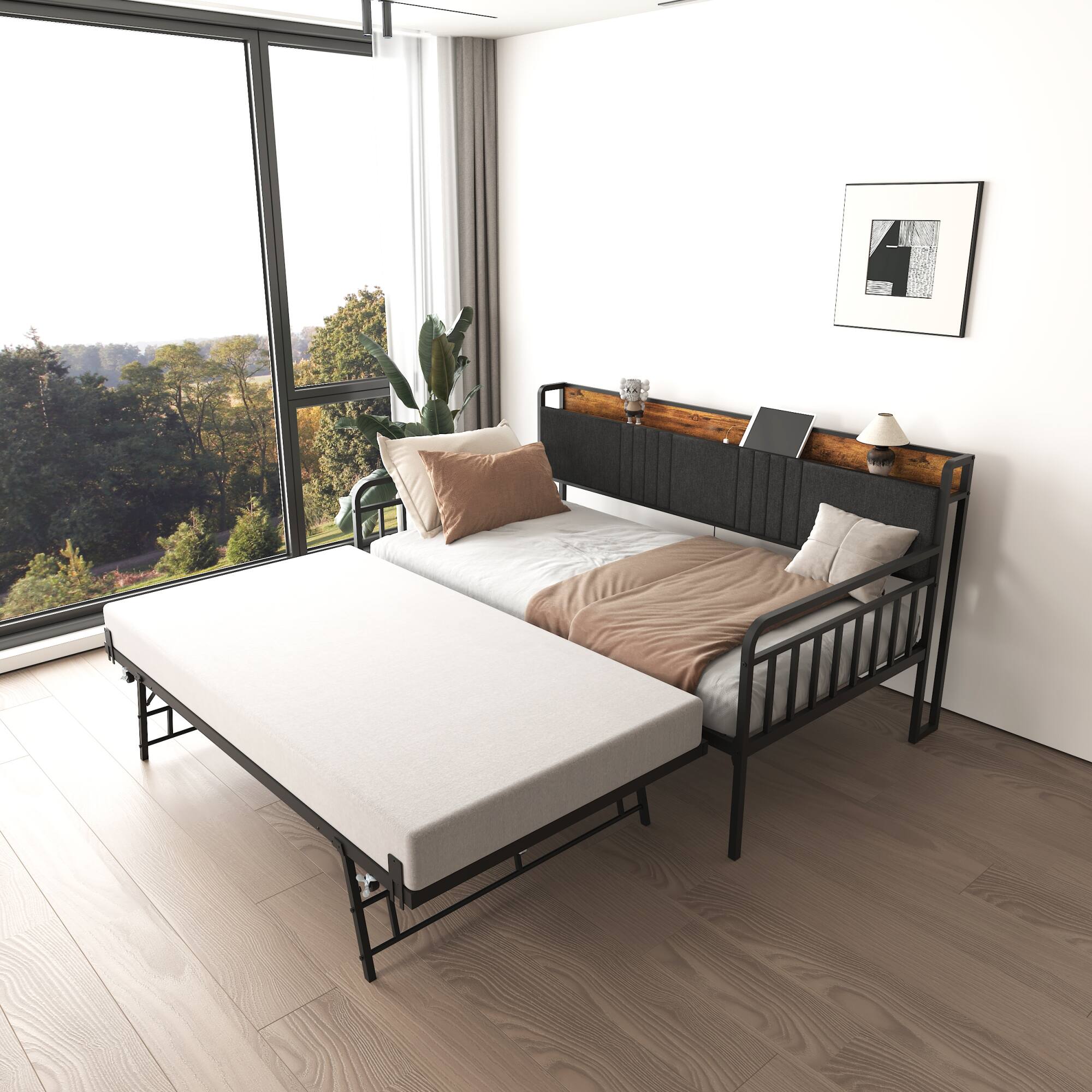 Front. GOODSILO - Sturdy Twin Daybed with Upholstered Headboard Built-in Charging Station and RGB Lighting for Versatile Use - Black+Brown+Grey.