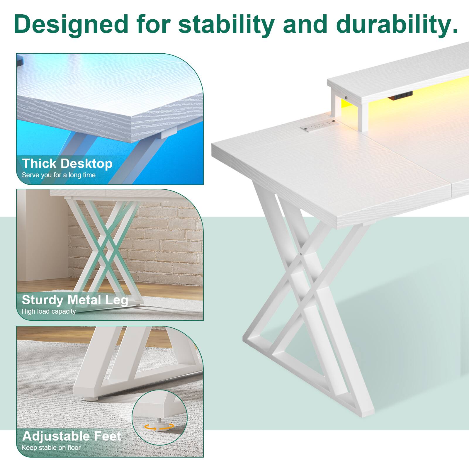 Designed for stability and durability.

- Thick Desktop
  - Serve you for a long time

- Sturdy Metal Leg
  - High load capacity

- Adjustable Feet
  - Keep stable on floor