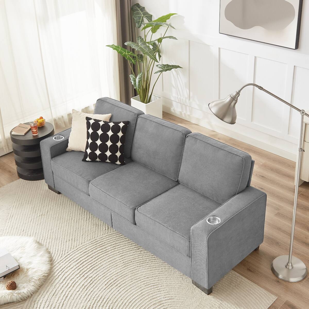 Left. Ropilly - Ropilly Gray 3 Seater Fabric Sofa Compressed Couch with Built In Cup Holders for Living Room Bedroom Office - Gray.