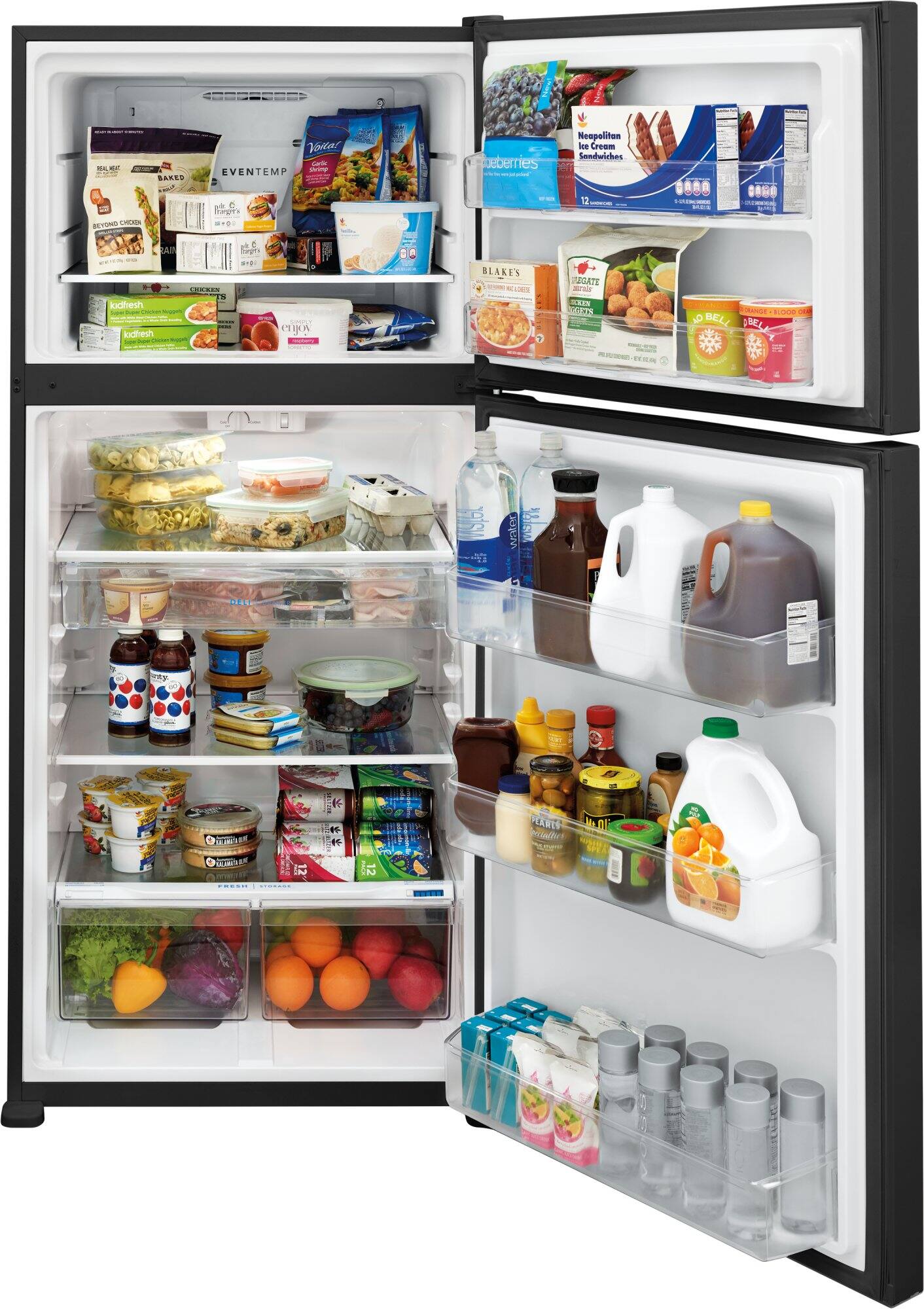 The refrigerator is filled with a variety of food items, including milk, juice, and other drinks. There are also several bottles of juice and water, as well as a bowl of food. The refrigerator is well-stocked and ready for use.