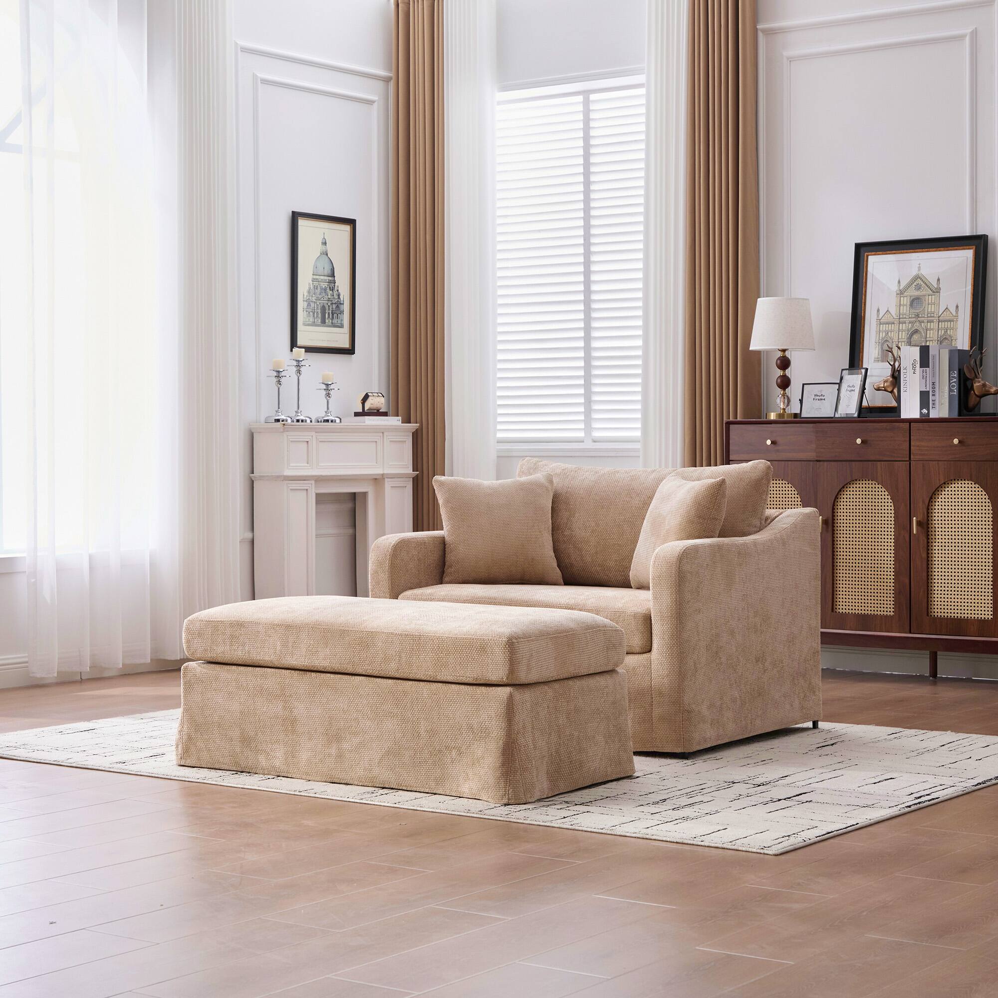 Alt View 1. TinyHomie - 45 Inch Wheat Farmhouse Chenille Accent Chair with 46 Inch Ottoman Black Metal Legs - white.