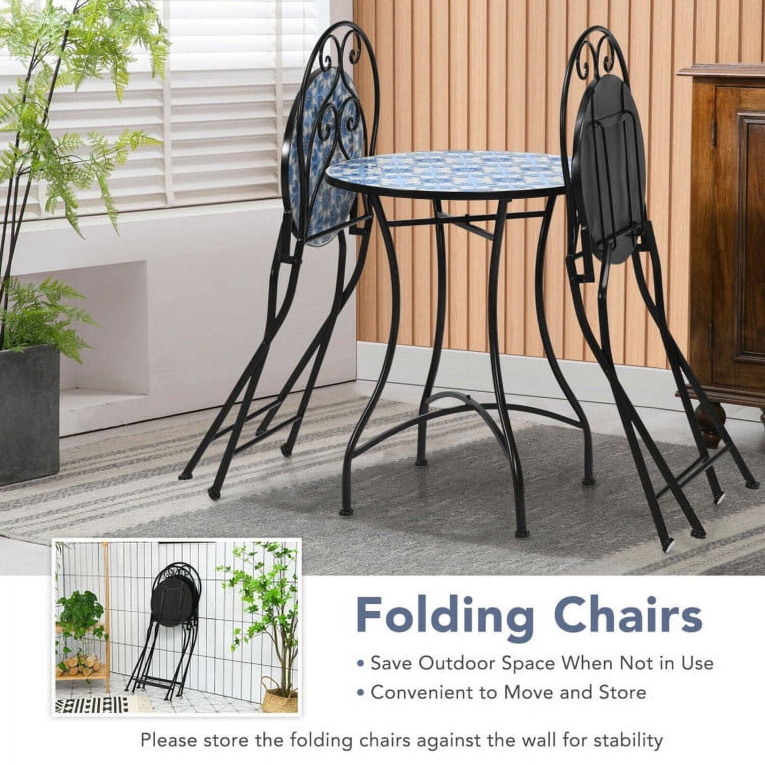 Folding Chairs  
Save Outdoor Space When Not in Use  
Convenient to Move and Store  

- Save Outdoor Space When Not in Use  
- Convenient to Move and Store  

Please store the folding chairs against the wall for stability