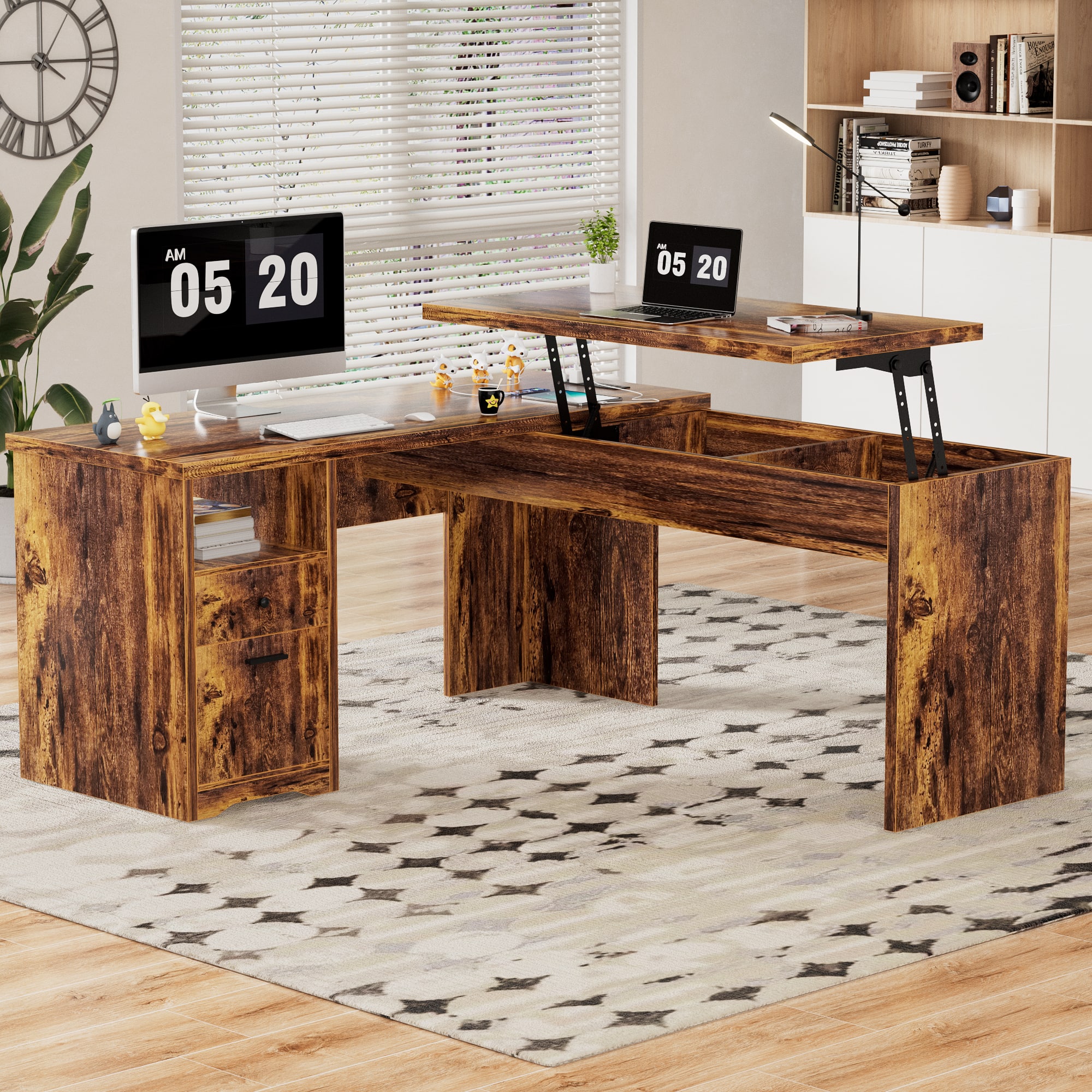 Aheaplus - 56'' Lift Top Computer Desk with Drawers and Power Outlets, Lift Top Executive Desk - Brown