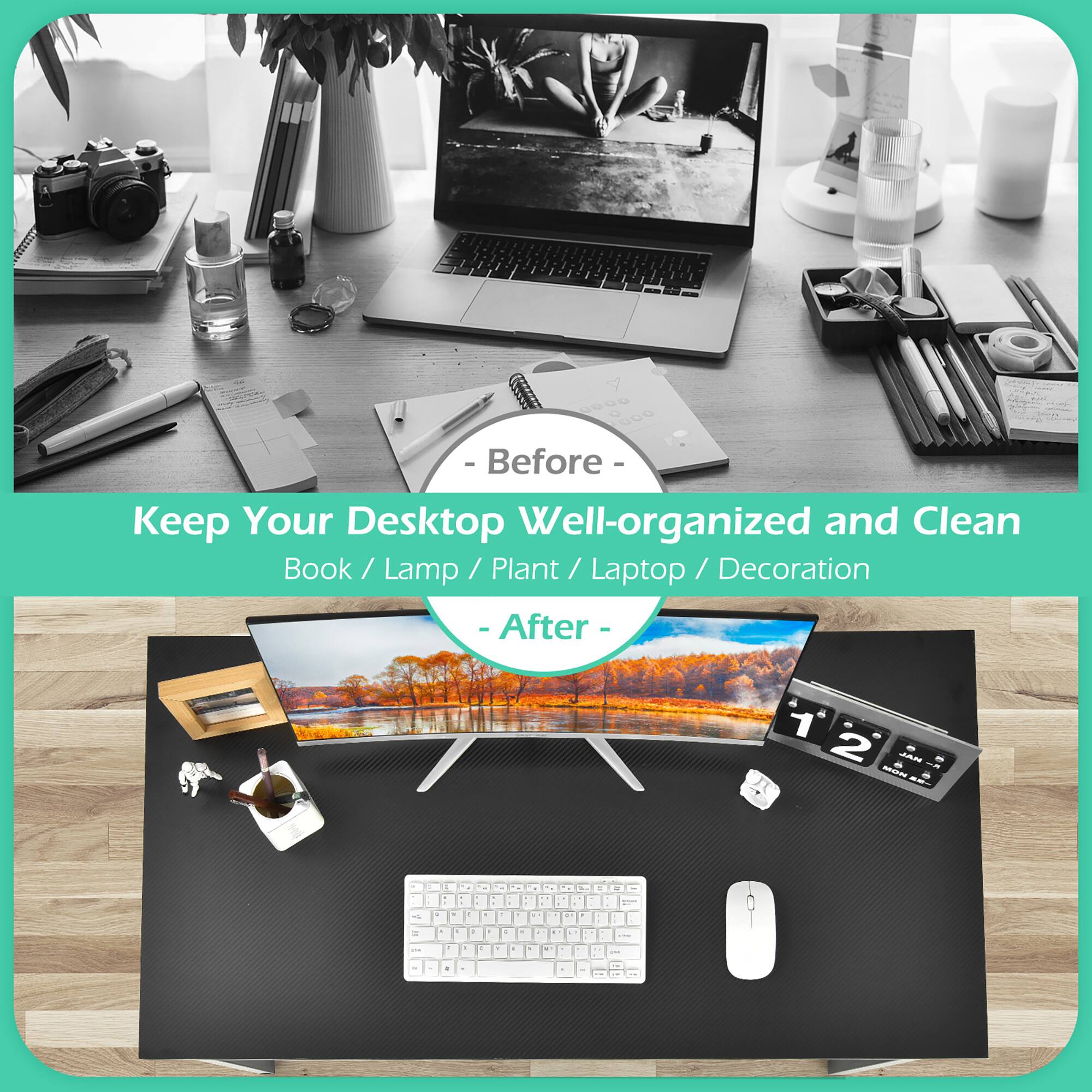 Before - Keep Your Desktop Well-organized and Clean Book / Lamp / Plant / Laptop / Decoration

After - Book / Lamp / Plant / Laptop / Decoration