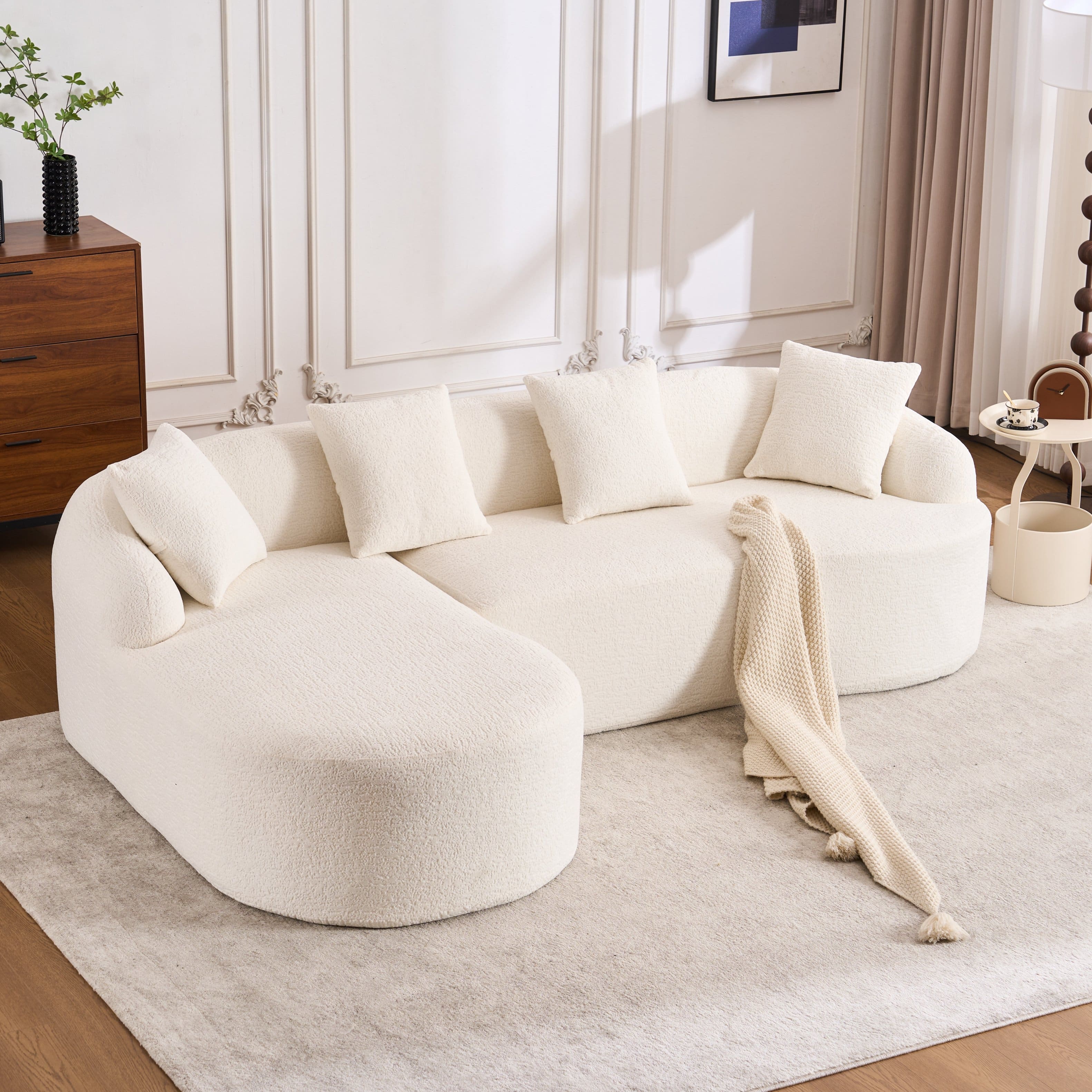 Anysun - L-Shape Chenille Sectional Sofa - Curved Chaise, Modular Boneless Design, 30D High-Density Foam, Sleeper for Living Room - White