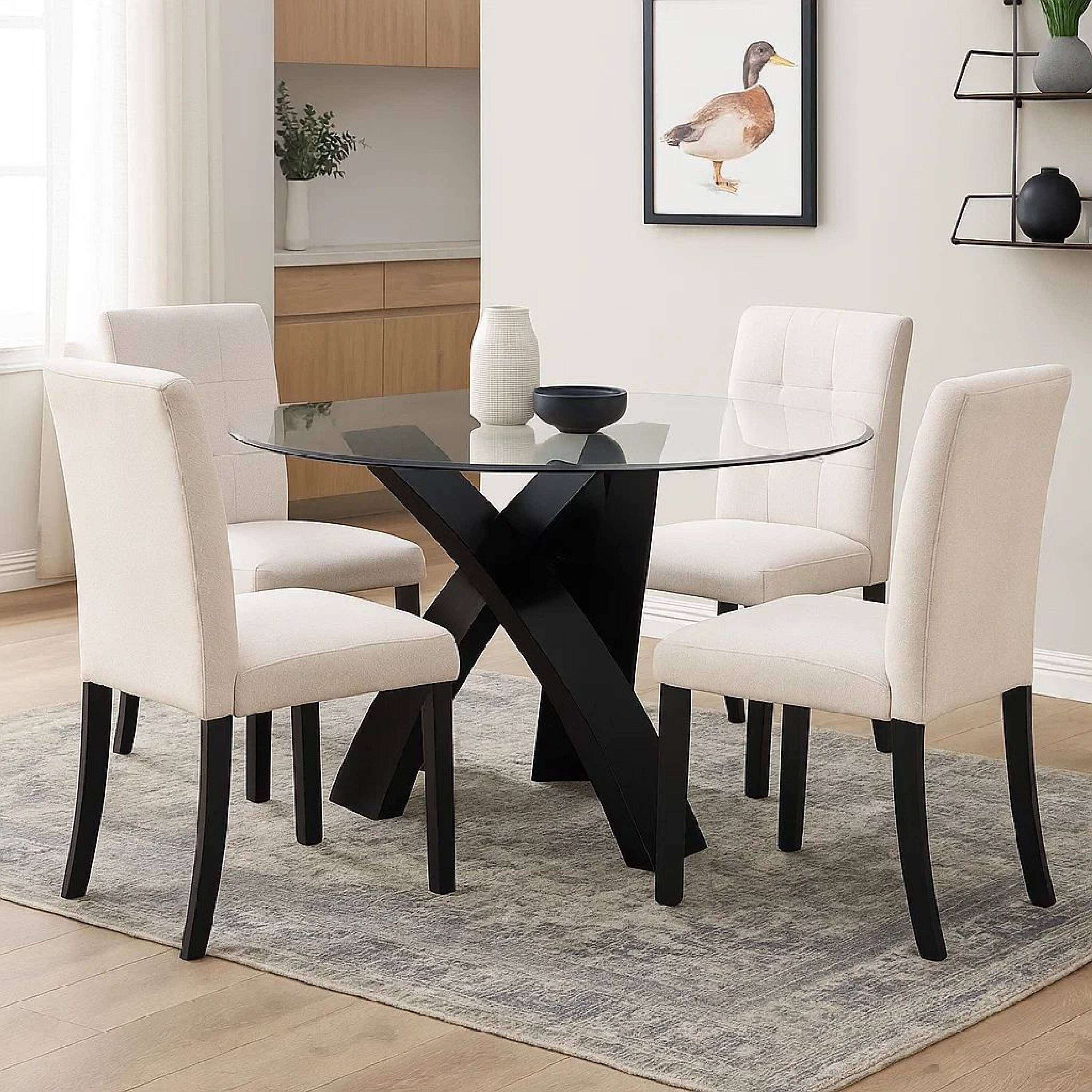 Alt View 7. Manhattan Lane - Round Glass Top Dining Table with Criss Cross Tripod Base, Black - Black.