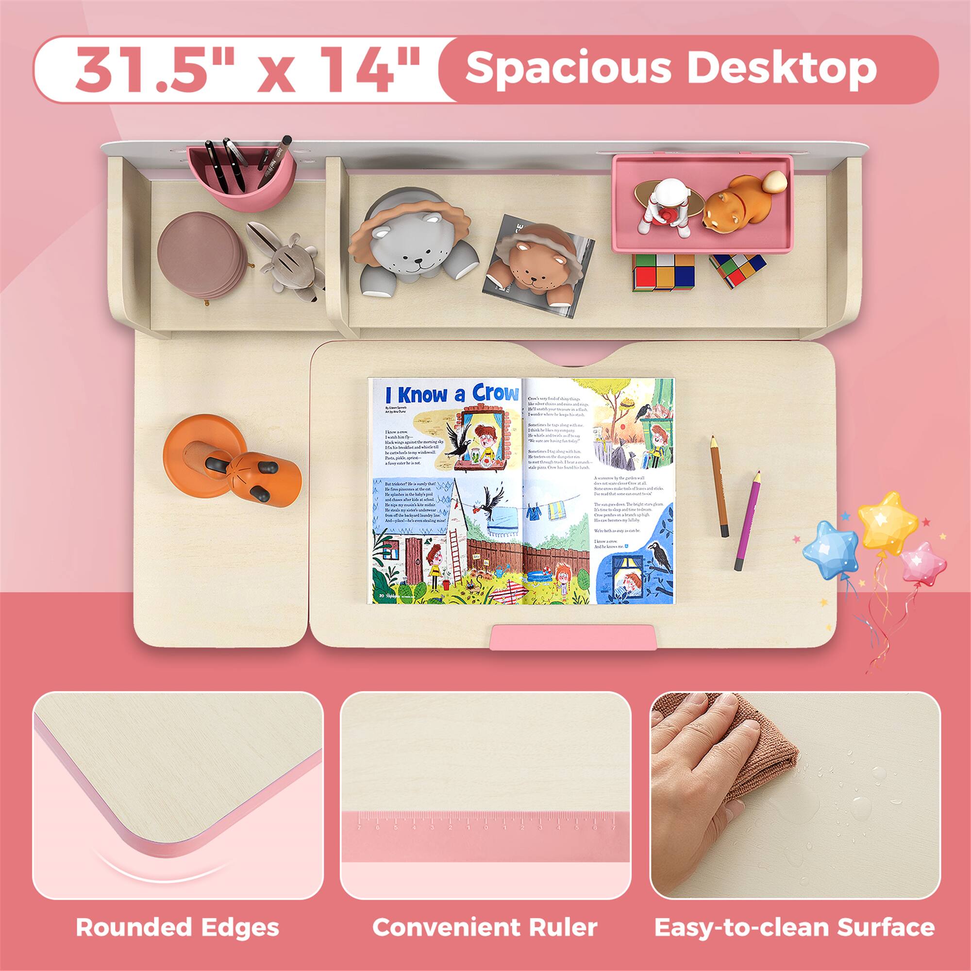 31.5" x 14" Spacious Desktop, Rounded Edges, Convenient Ruler, Easy-to-clean Surface