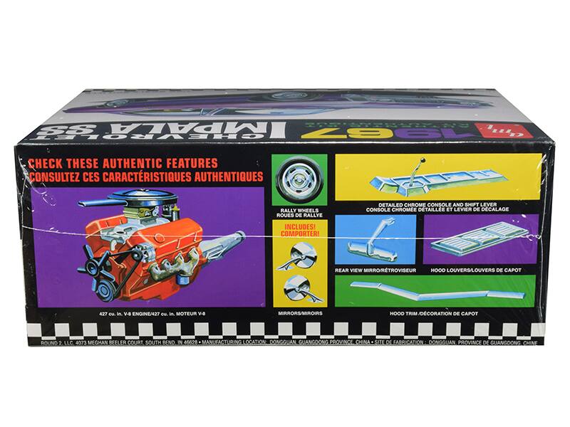 25 MPALA CHEVROLE 296L  
CHECK THESE AUTHENTIC FEATURES  
CONSULTEZ CES CARACTÉRISTIQUES AUTHENTIQUES  
RALLY WHEELS  
ROUES DE RALLYE  
DETAILED CHROME CONSOLE AND SHIFT LEVER  
CONSOLE CHROMÉE DÉTAILLÉE ET LEVIER DE DÉCALAGE  
INCLUDES!  
COMPORTER!  
REAR VIEW MIRROR  
RÉTROVISEUR  
HOOD LOUVERS/LOUVERS DE CAPOT  
427 cu. in V-8 ENGINE/427 eu. in. MOTEUR V-8  
ROUND 2, LLC  
4073 MEGHAN BEELER COURT  
SOUTH BEND IN 46628  
MANUFACTURING LOCATION: DONGGUAN GUANGDONG PROVINCE CHINA  
SITE DE FABRICATION: DONGGUAN PROVINCE DE GUANGDONG CHINE