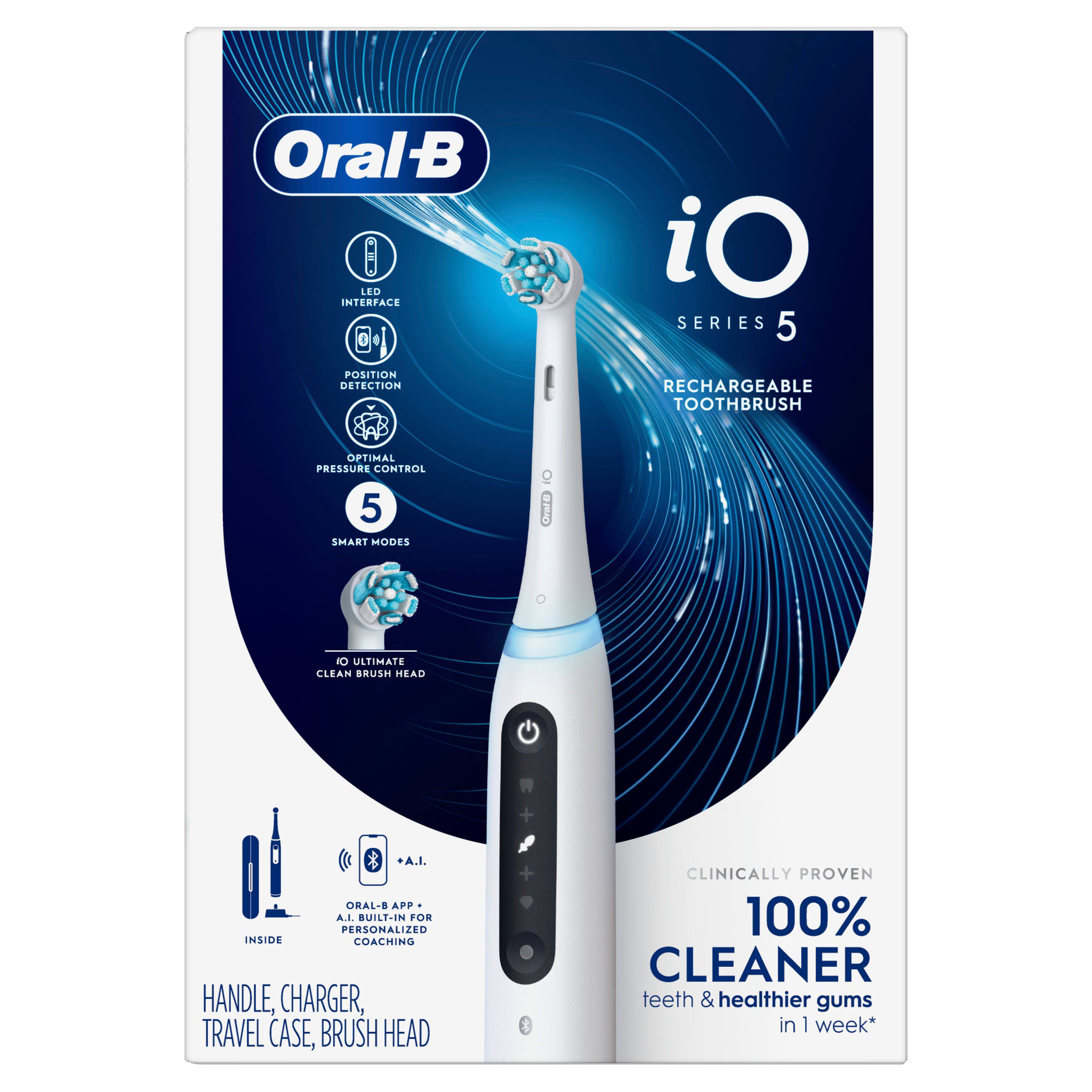 Oral-B iO Series 5 Rechargeable Toothbrush

- LED Interface
- Position Detection
- Optimal Pressure Control
- 5 Smart Modes
- iO Ultimate Clean Brush Head
- A.I. Oral-B App Built-In for Personalized Coaching
- Handle, Charger, Travel Case, Brush Head

Clinically Proven: 100% Cleaner Teeth & Healthier Gums in 1 Week*