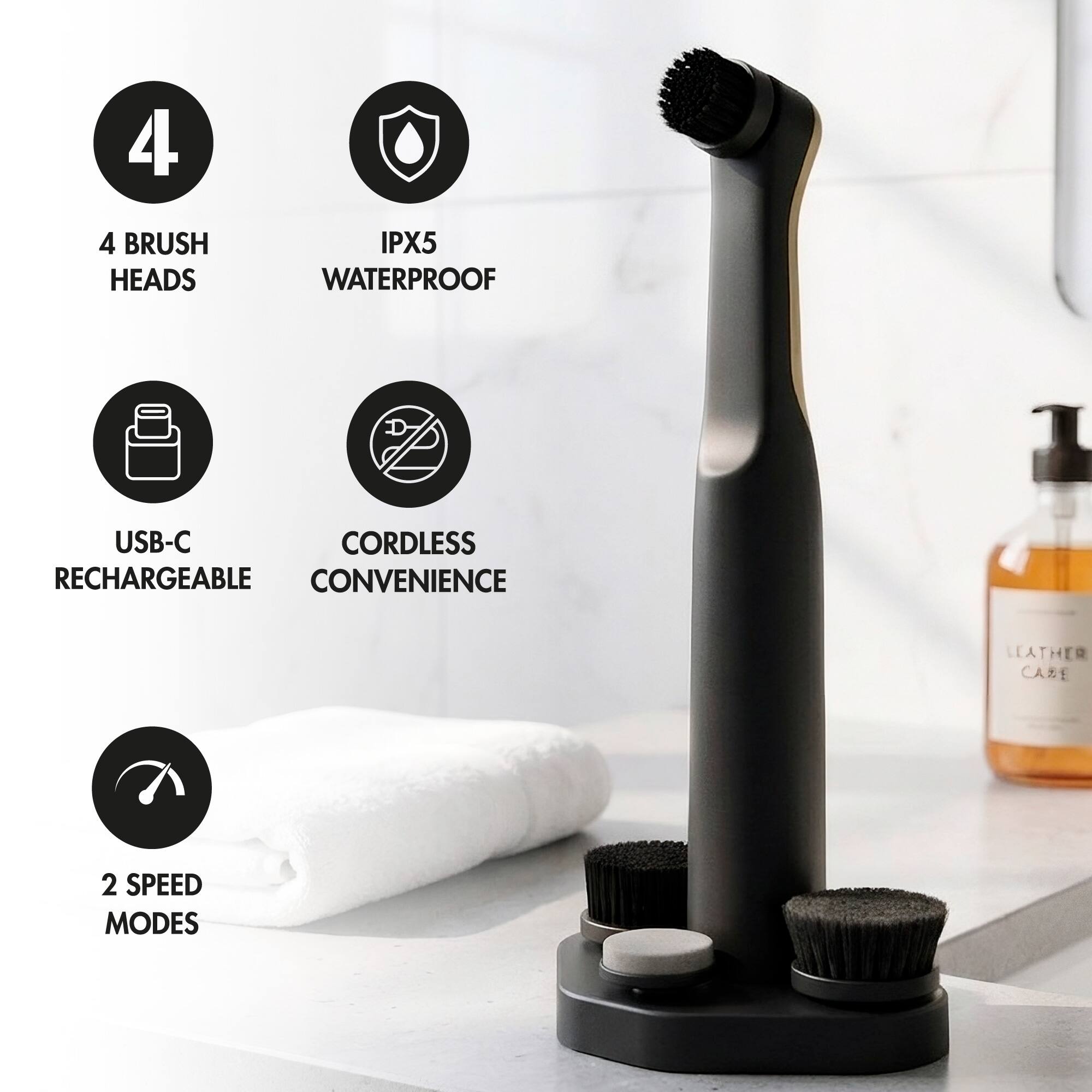 4 BRUSH HEADS IPX5 WATERPROOF USB-C CORDLESS RECHARGEABLE CONVENIENCE 2 SPEED MODES