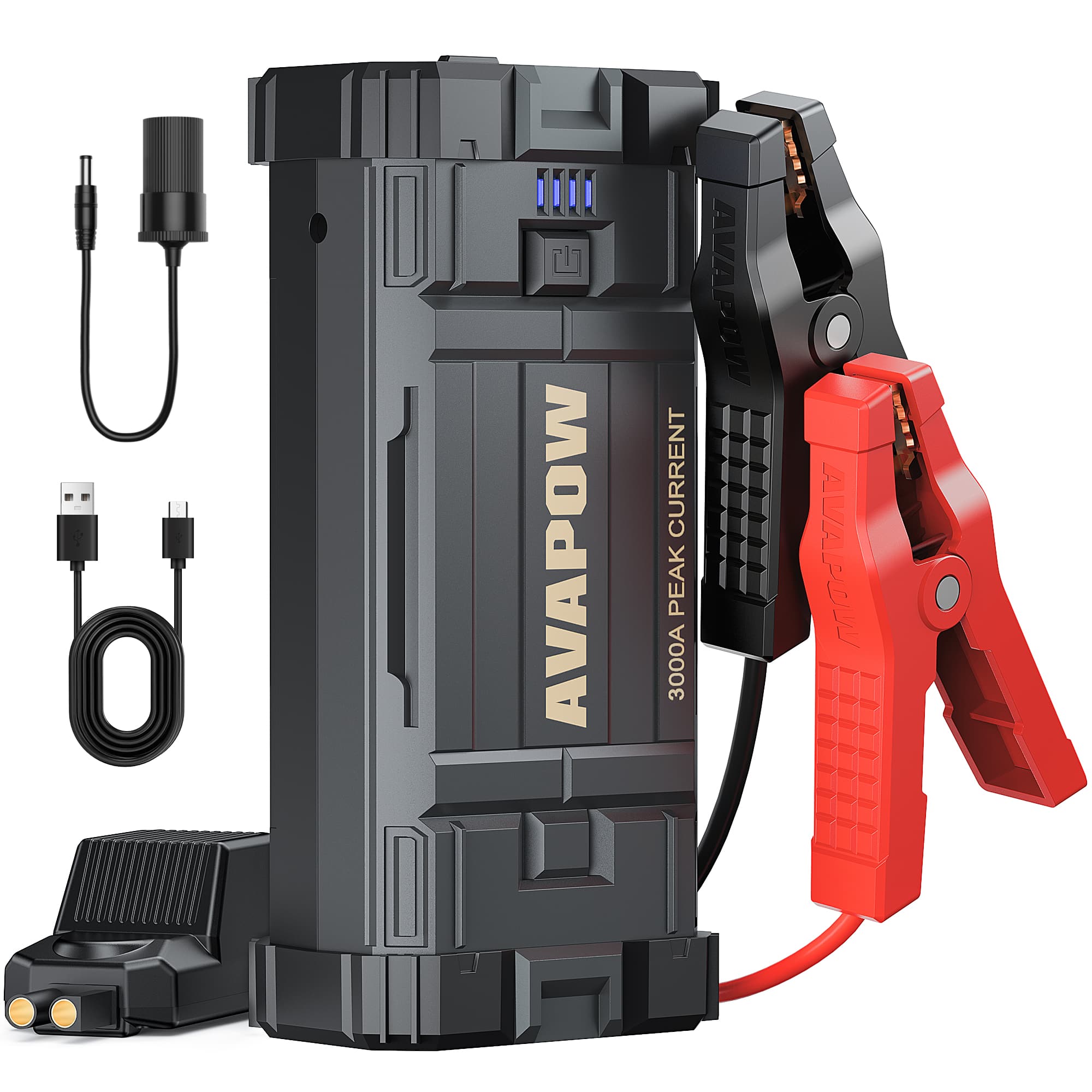 AVAPOW - Car Jump Starter 3000 amp peak 23800 milliamp hour 12 Volt Battery Booster for up to 8 liter gas and diesel LCD Display
