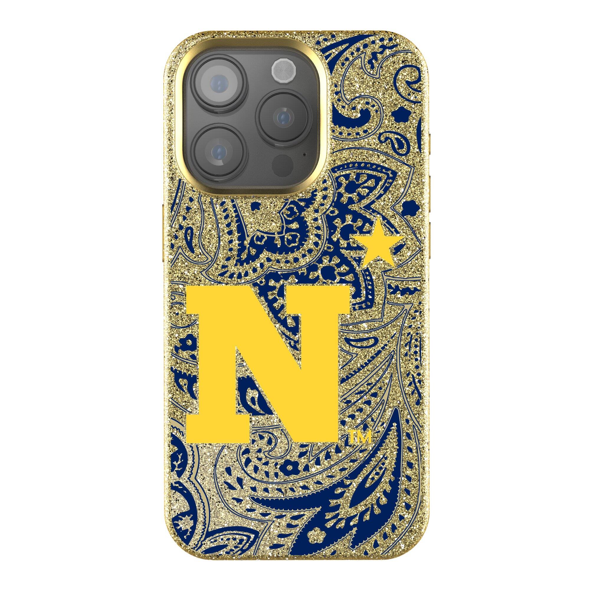 Front. Keyscaper - Navy Midshipmen Paisley Bling iPhone Case - 16 Pro - Gold.
