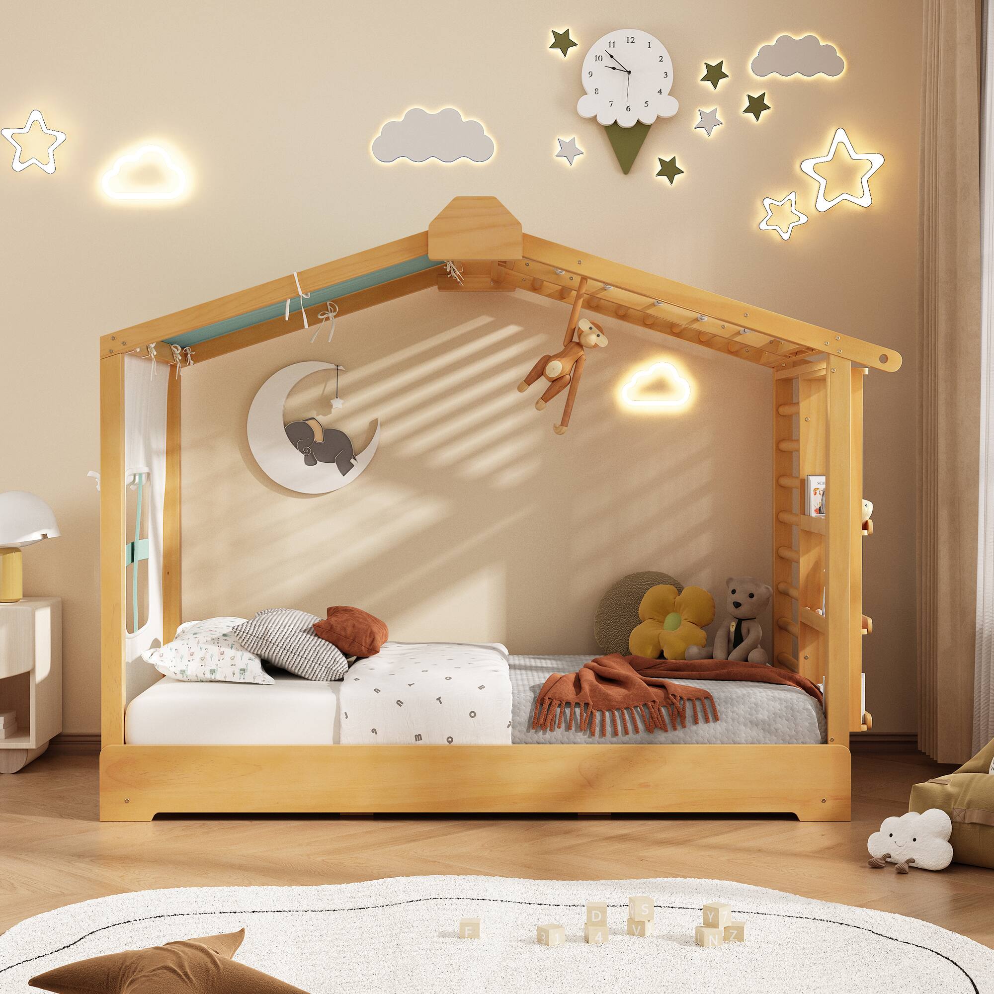 Angle. Anysun - Twin Size House Bed with Twin Size Trundle and Side Shelves - Natural.