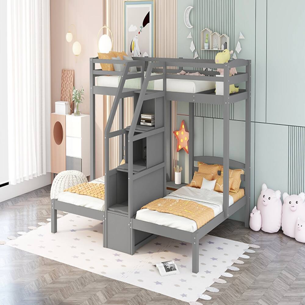 Alt View 1. Loheer - Loheer Twin over Twin Bunk Bed Triple Bunk Bed with Stairs Gray - Gray.