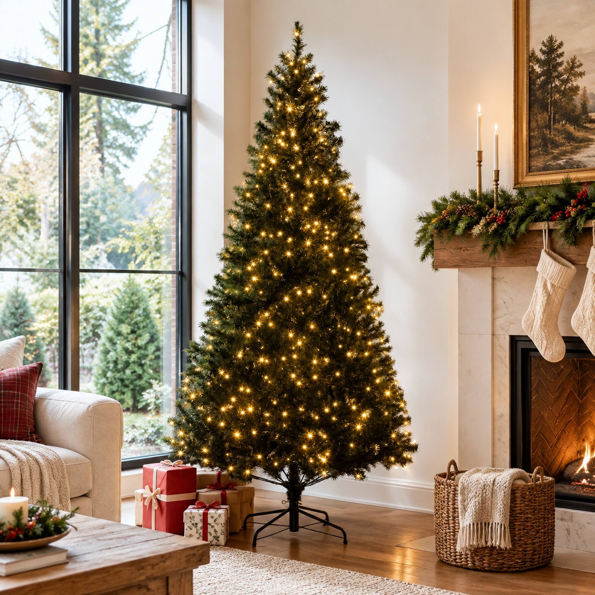 Back. RYHNUYNE - 7.5 Ft Douglas Fir Black Artificial Christmas Tree With 500 Warm White LED Lights, 1346 Tips Metal Stand Decor - Black.