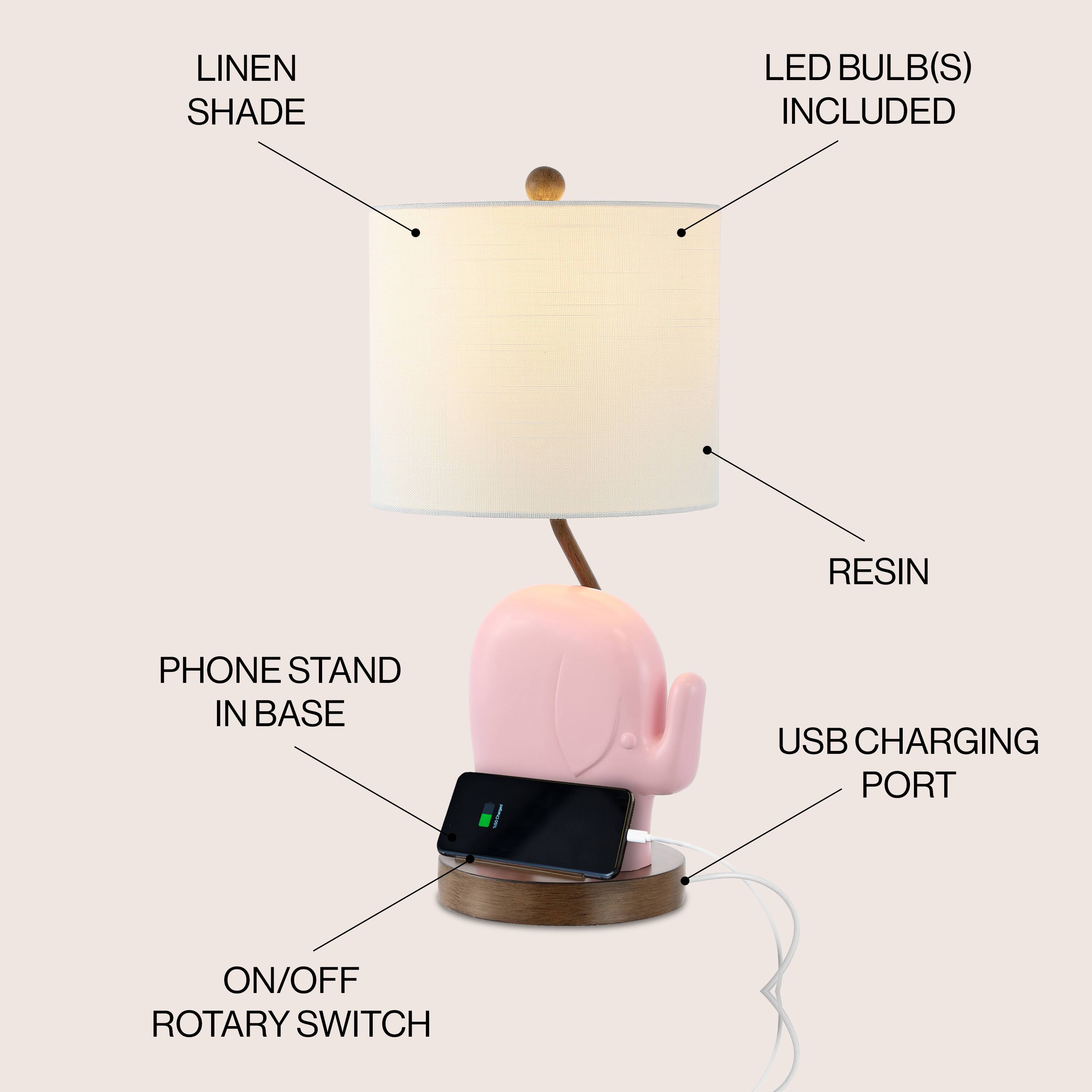 LINEN SHADE LED BULB(S) INCLUDED RESIN PHONE STAND IN BASE USB CHARGING PORT ON/OFF ROTARY SWITCH