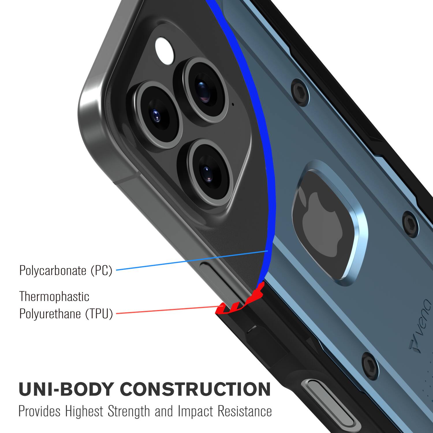 Polycarbonate (PC) Thermophastic Polyurethane (TPU) UNI-BODY CONSTRUCTION Provides Highest Strength and Impact Resistance