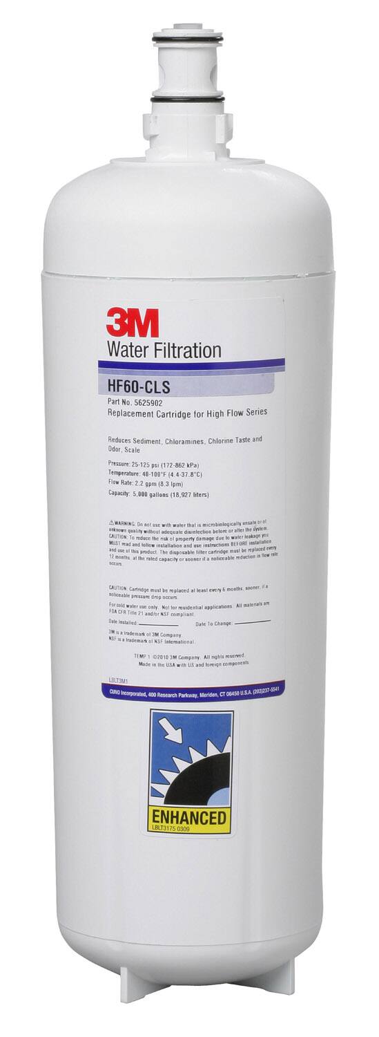3M Water Filtration HF60-CLS  
Part No. 5625902  
Replacement Cartridge for High Flow Series  
Reduces Sediment, Chloramines, Chlorine Taste and Odor, Scale  

Pressure: 25-125 psi (172-862 kPa)  
Temperature: 48-100°F (4.4-37.8°C)  
Flow Rate: 2.2 gpm (8.3 lpm)  
Capacity: 5,800 gallons (18,927 liters)  

CAUTION: Do not use with water that is microbiologically unsafe without adequate disinfection before use.  
CAUTION: Cartridge must be replaced at least every 6 months, sooner if a reduction in flow rate occurs.  
CAUTION: Cartridge must be replaced at least every 6 months, sooner if a reduction in flow rate occurs.  
CAUTION: Cartridge must be replaced at least every 6 months, sooner if a reduction in flow rate occurs.  
CAUTION: Cartridge must be replaced at least every 6 months, sooner if a reduction in flow rate occurs.  
CAUTION: Cartridge must