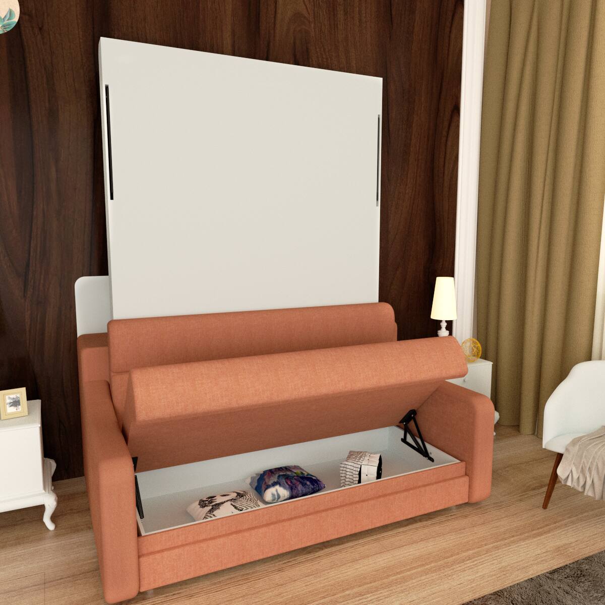 Alt View 6. Tiramisubest - Orange Plywood Modern Murphy Bed with Sofa for Bedroom, Space Saving, Easy Assembly - Orange.