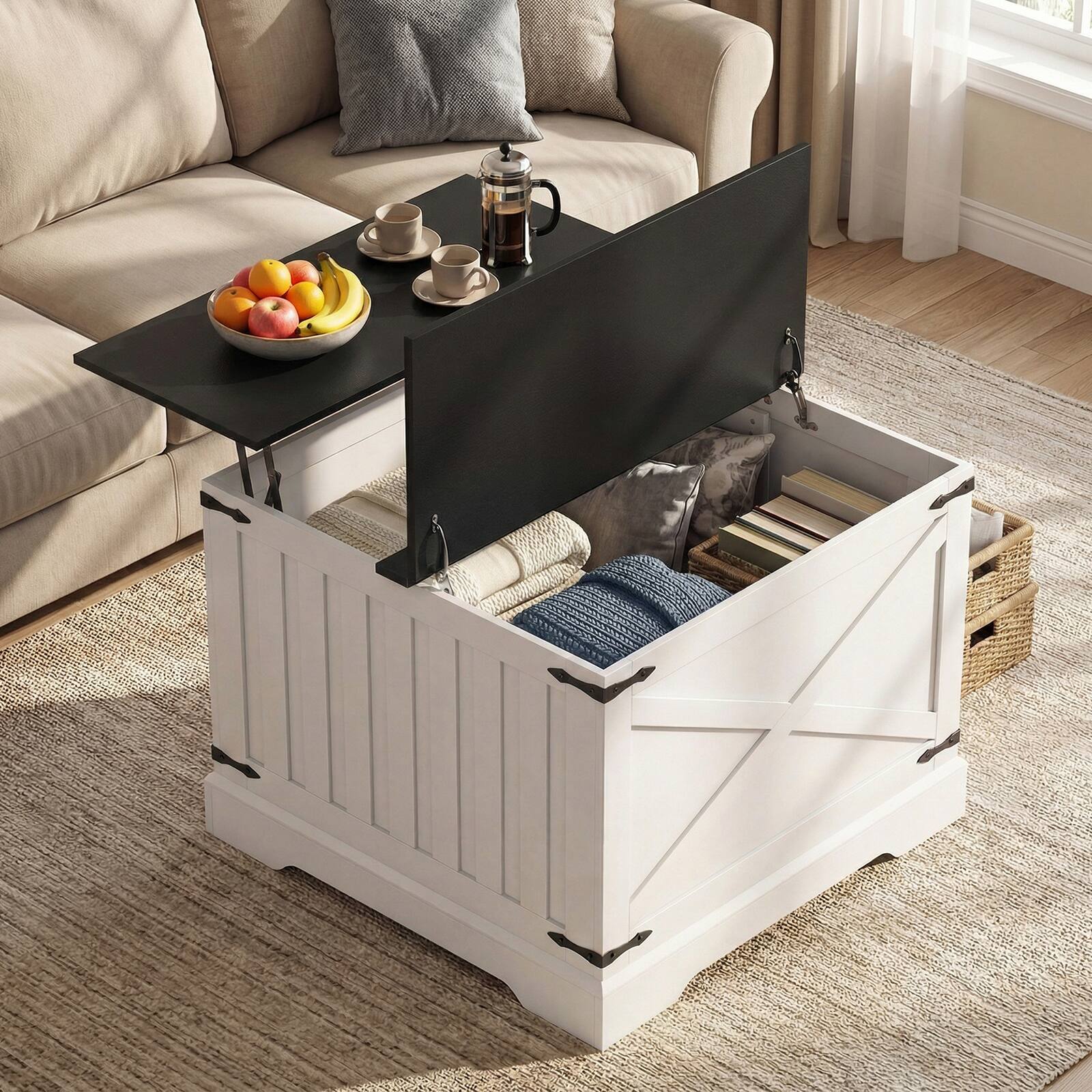 Alt View 3. Gymax - Gymax 31.5'' Farmhouse Lift Top Coffee Table w/Hidden Storage Compartment for Home Black - Black.