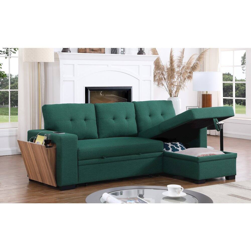 Alt View 7. Devion Furniture - Fabric Reversible Modern Side Compartment Sleeper Sectional Sofa Bed-Green - Green.