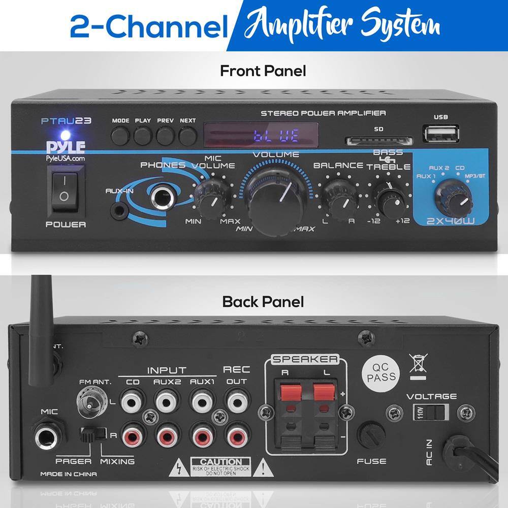 **2-Channel Amplifier System**

**Front Panel**

- PTAL23
- PYLE
- PyleUSA.com
- MODE PLAY PREV NEXT
- USB
- STEREO POWER AMPLIFIER
- SD
- BASS
- TREBLE
- BALANCE
- VOLUME
- MIC
- PHONES
- AUX IN
- AUX 1
- MP3/BT
- 2X40W
- POWER
- MIN MAX
- -12 +12

**Back Panel**

- FM ANT.
- INPUT
- REC
- CD
- AUX2
- AUX1
- OUT
- SPEAKER
- QC PASS
- VOLTAGE
- FUSE
- AC IN
- PAGER MIXING
- CAUTION RISK OF ELECTRIC SHOCK DO NOT OPEN
- MADE IN CHINA