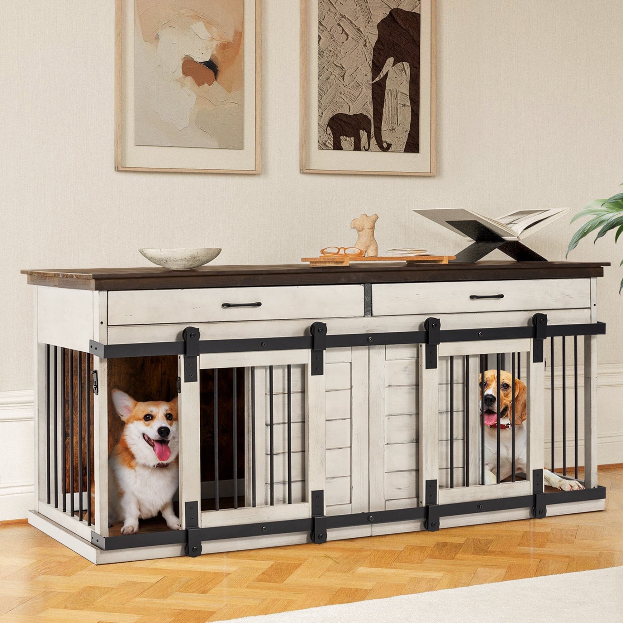 Angle. U-HOMY - Luxury Wood Dog Crate Table with Divider & Storage – Stylish Furniture for Large Dogs.