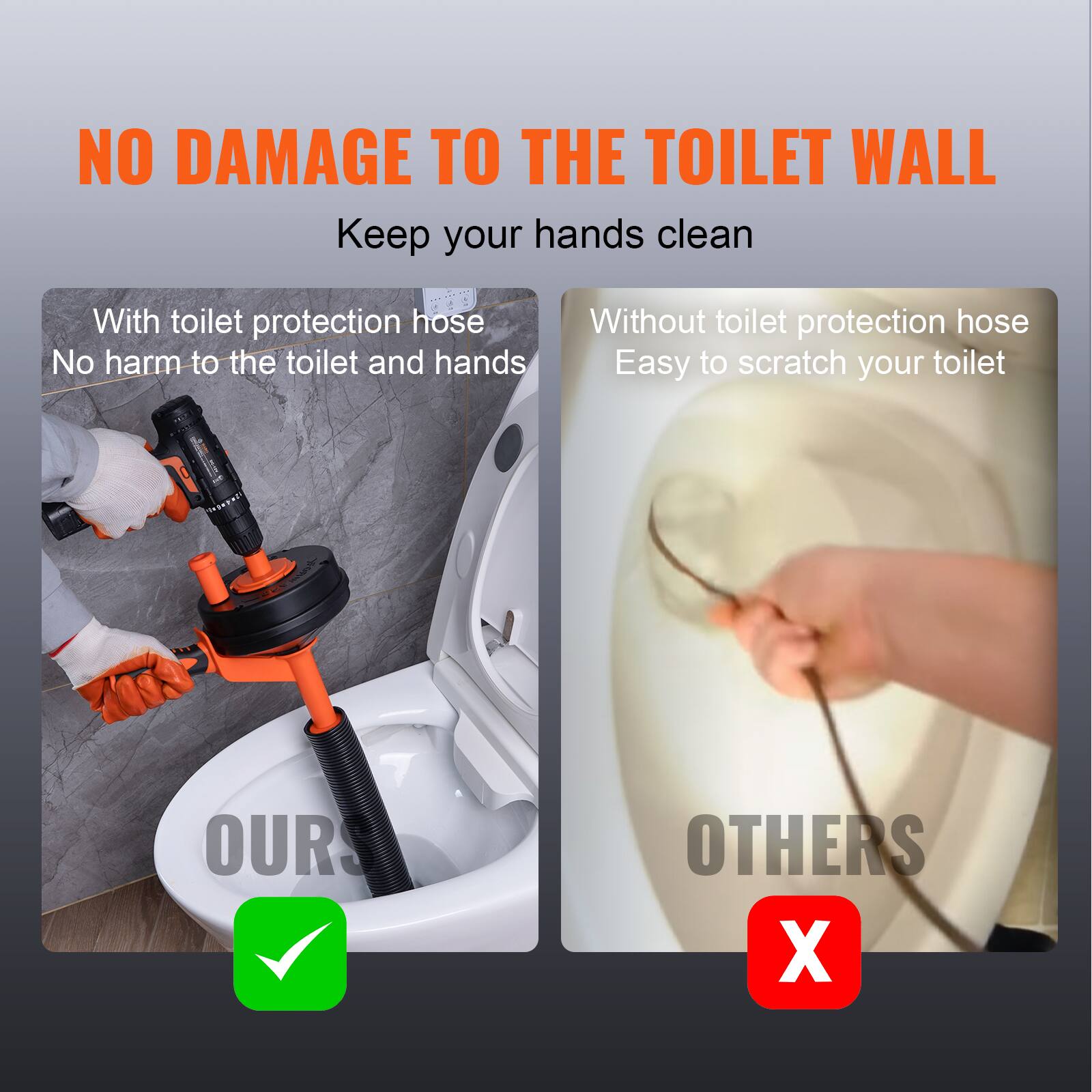 NO DAMAGE TO THE TOILET WALL
Keep your hands clean

With toilet protection hose
No harm to the toilet and hands

Without toilet protection hose
Easy to scratch your toilet

OURS
OTHERS
X