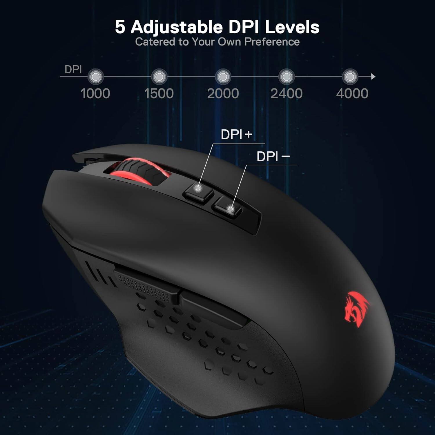 5 Adjustable DPI Levels Catered to Your Own Preference

DPI
1000
1500
2000
2400
4000

DPI+
DPI-