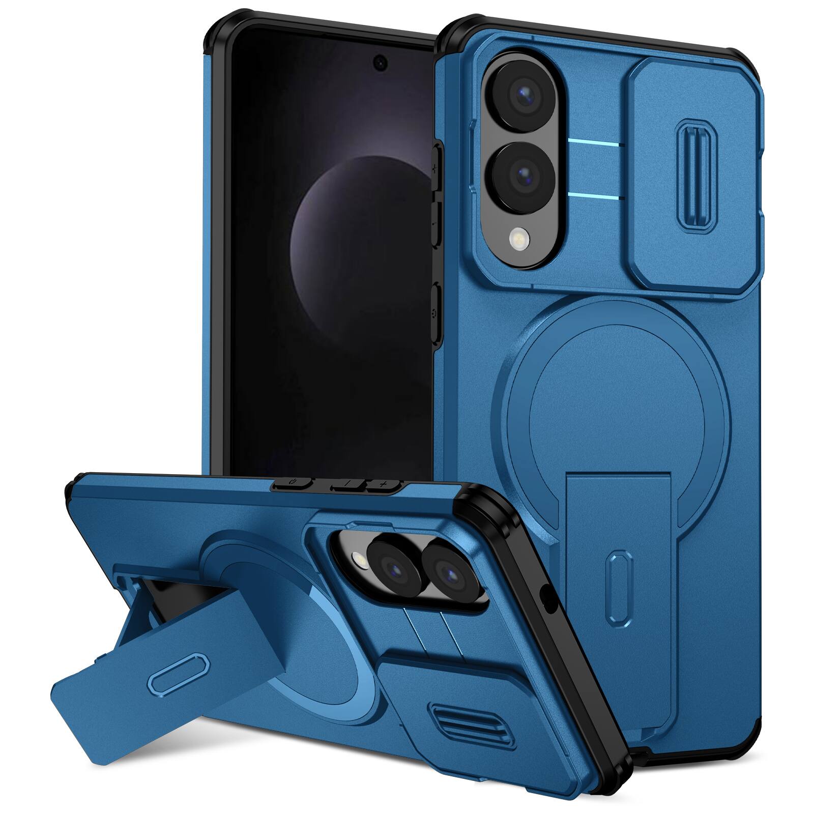 Front. Dteck - for Samsung Galaxy S25 Edge Magnetic Case,Slide Lens Cover & Hidden Kickstand,Rugged Dual-Layer Shockproof PC TPU Cover - Blue.