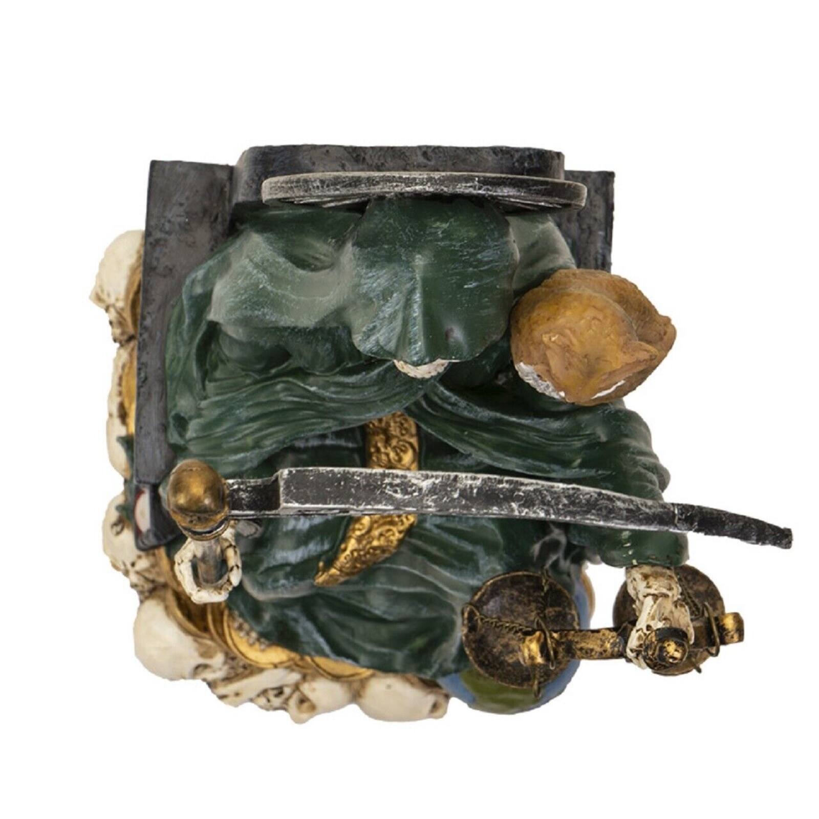 Left. Pacific Trading - Sitting Santa Muerte inGreen Gown with Owl and Scale Figurine Death 9 Inch.