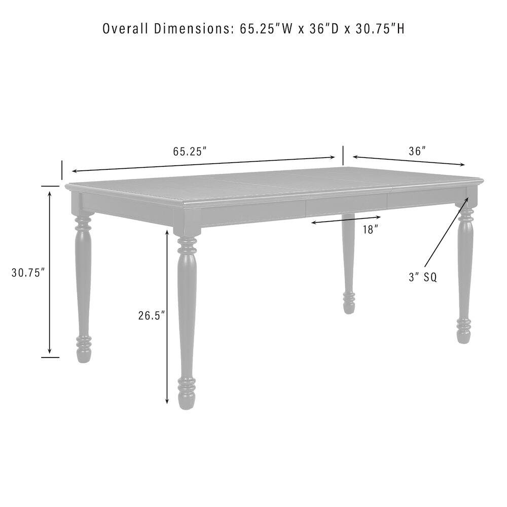 Overall Dimensions: 65.25"W x 36"D x 30.75"H

- 65.25" (Width)
- 36" (Depth)
- 30.75" (Height)
- 18" (Center to Center of Legs)
- 26.5" (Leg Height)
- 3" SQ (Leg Base)
