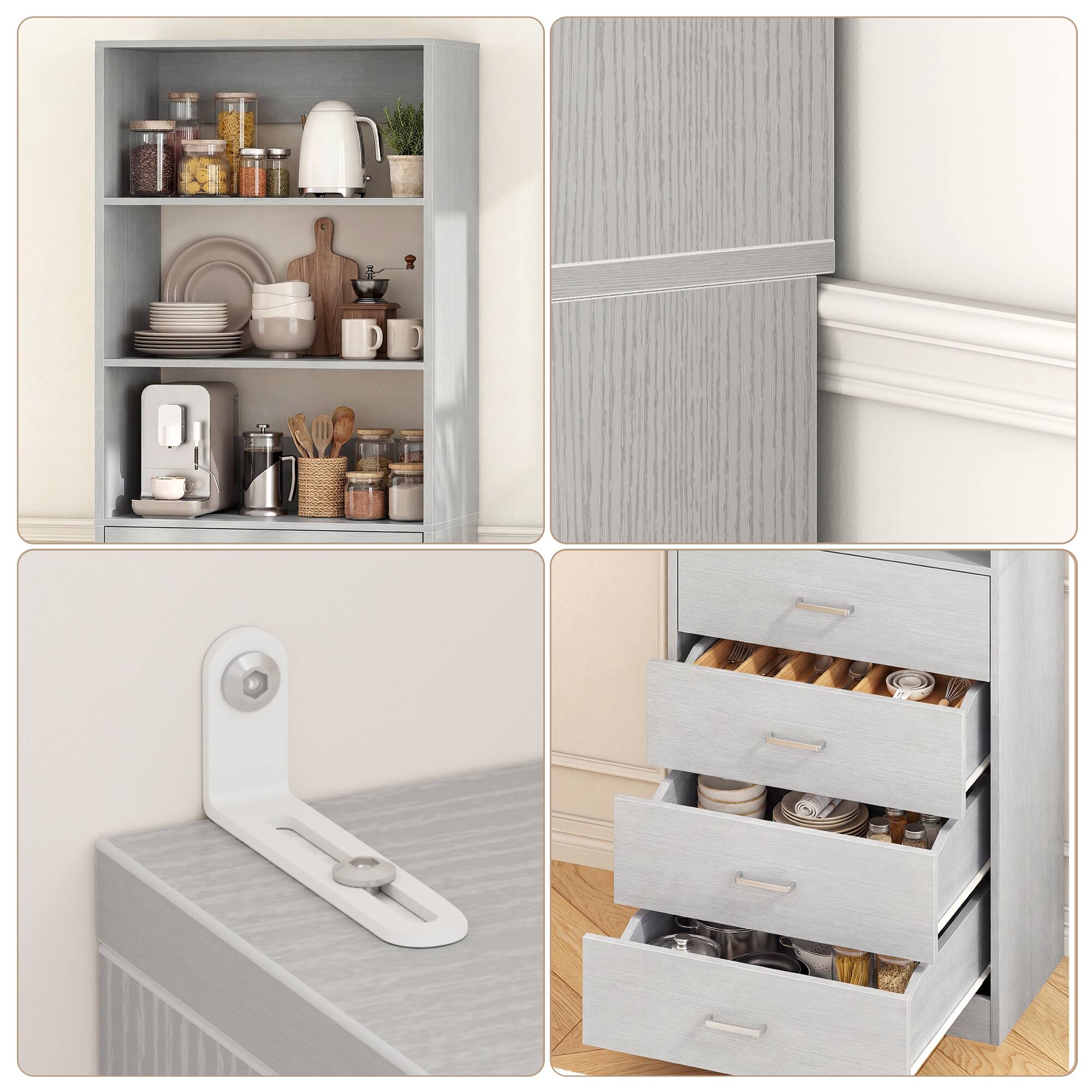 Angle. Aheaplus - 80'' Tall Kitchen Pantry Storage Unit with Drawers and Shelves, 21.3'' Wide Storage Cabinet for Kitchen/Living Room - Gray.