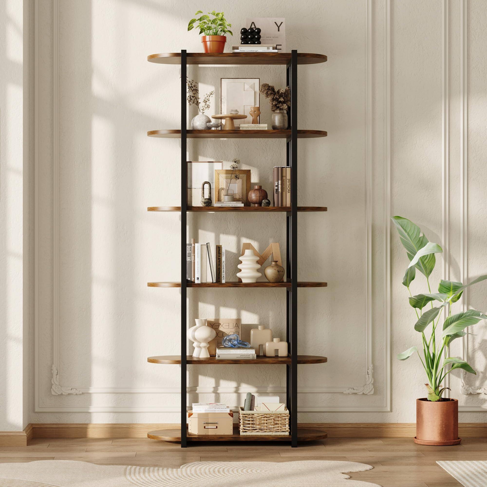 Front. Homhougo - 6 Tier Industrial Bookshelf, 71 Inch Tall Narrow Bookcase with Iron Frames, Compact Open Display Shelving Unit - Brown.